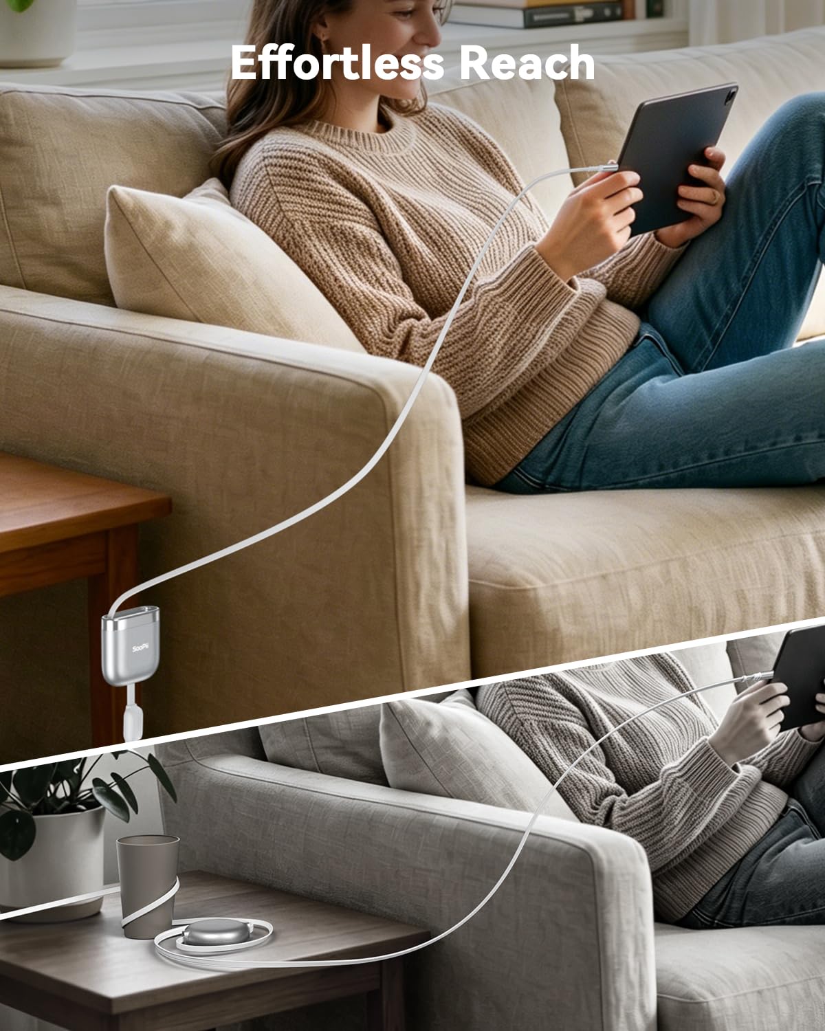 SOOPII Cable USB C a USB C retráctil de 240 W, 2 unidades, color plateado