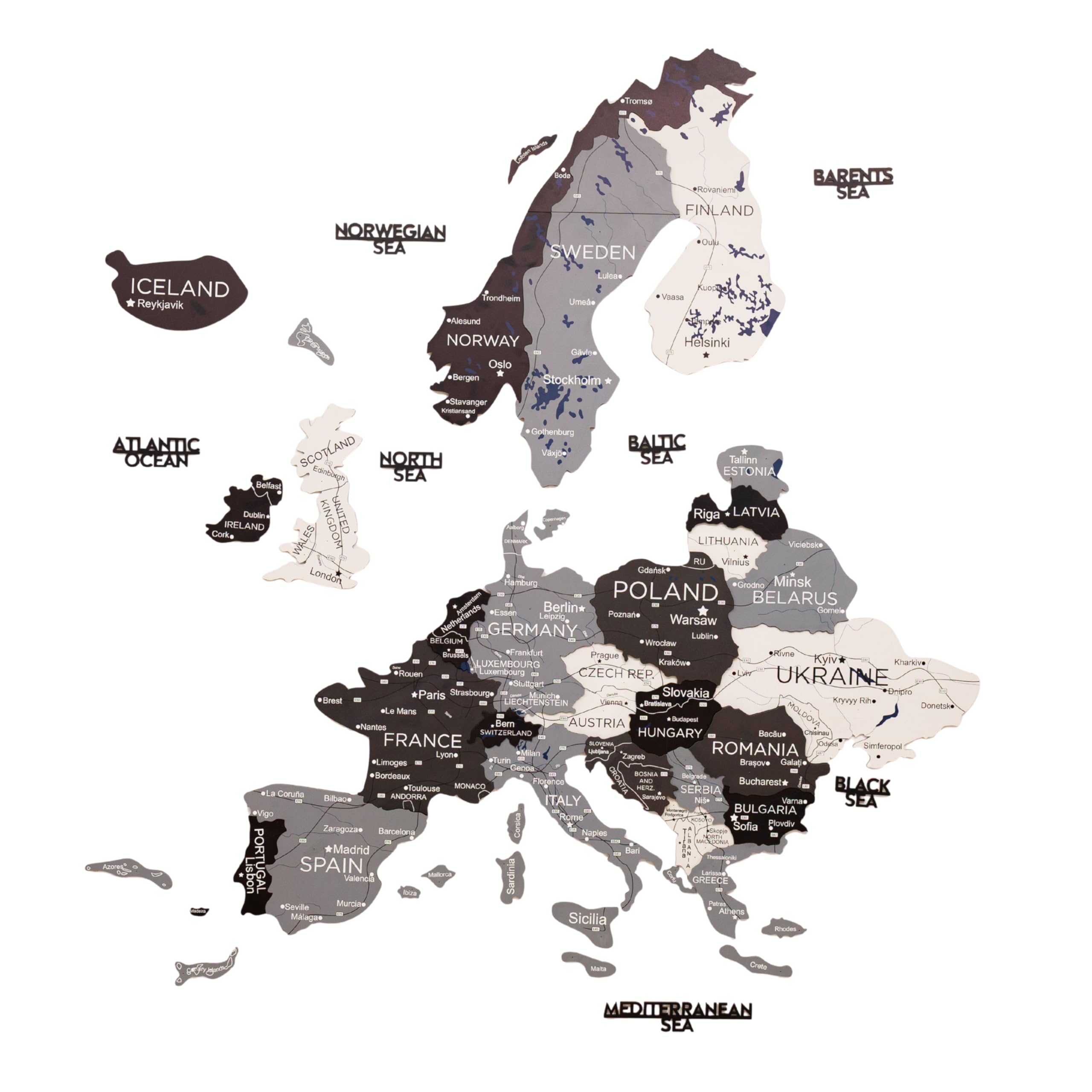 ENJOY THE WOOD Carte Europe Murale Décorative en Bois 3D – Carte du Monde/Europe Artisanale avec Frontières – Décoration Murale Design & Idée Cadeau Voyage (Nordik, S)