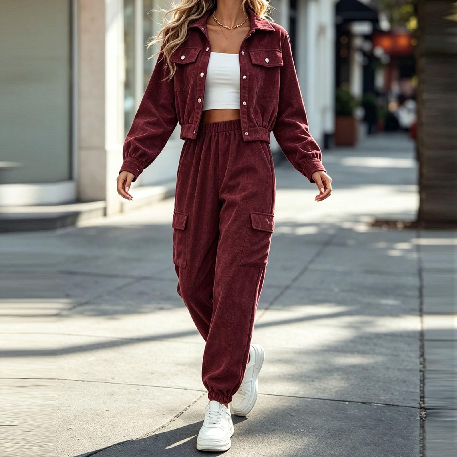 Damen Cord Set Zweiteiler Jacke Hose Freizeitanzug Casual Loungewear
