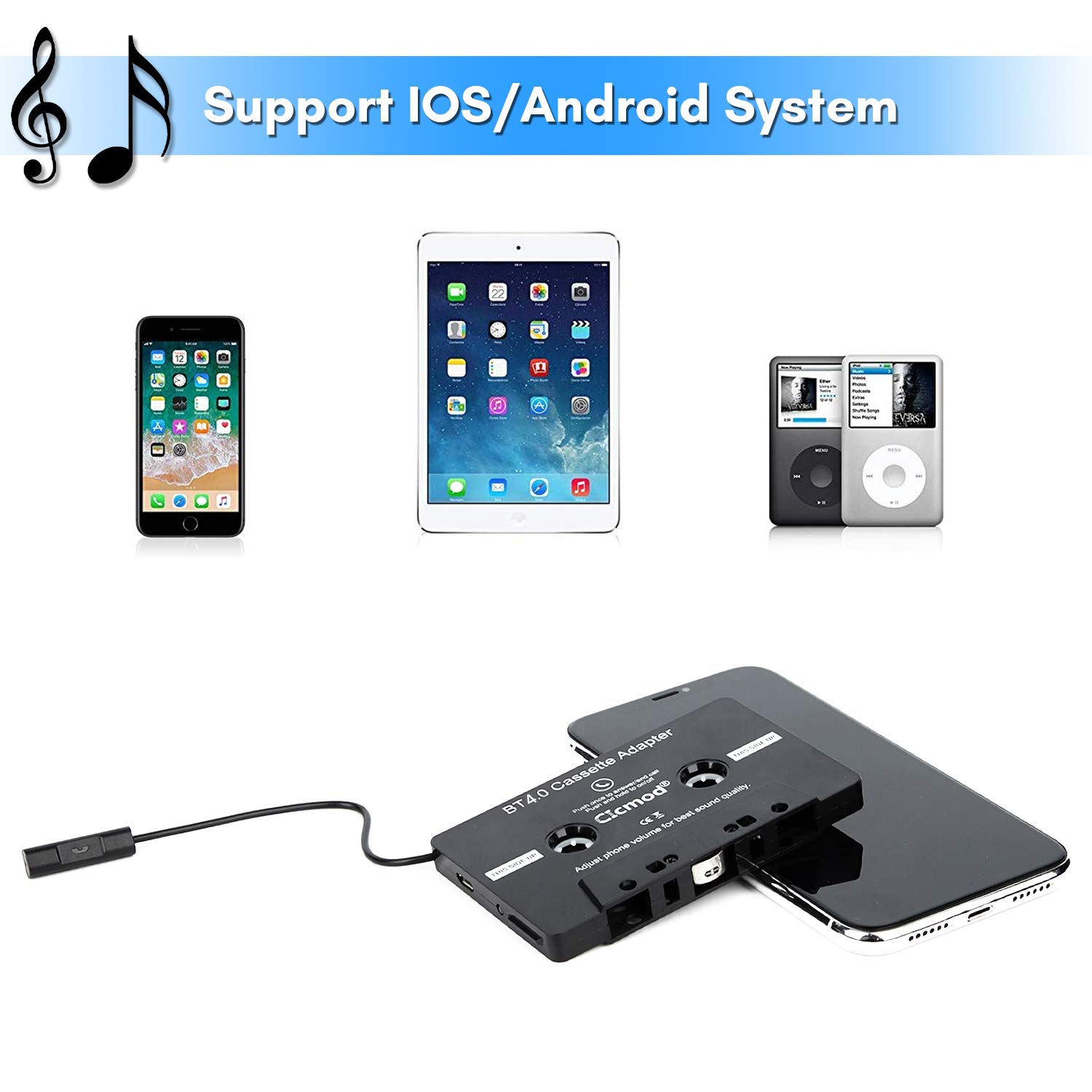 Kit Mains Libre Voiture Adaptateur Cassette Bluetooth CICMOD CSR BT5.1 - Pour Autoradio Cassette - Micro Intégré Lecteur Cassette Video
