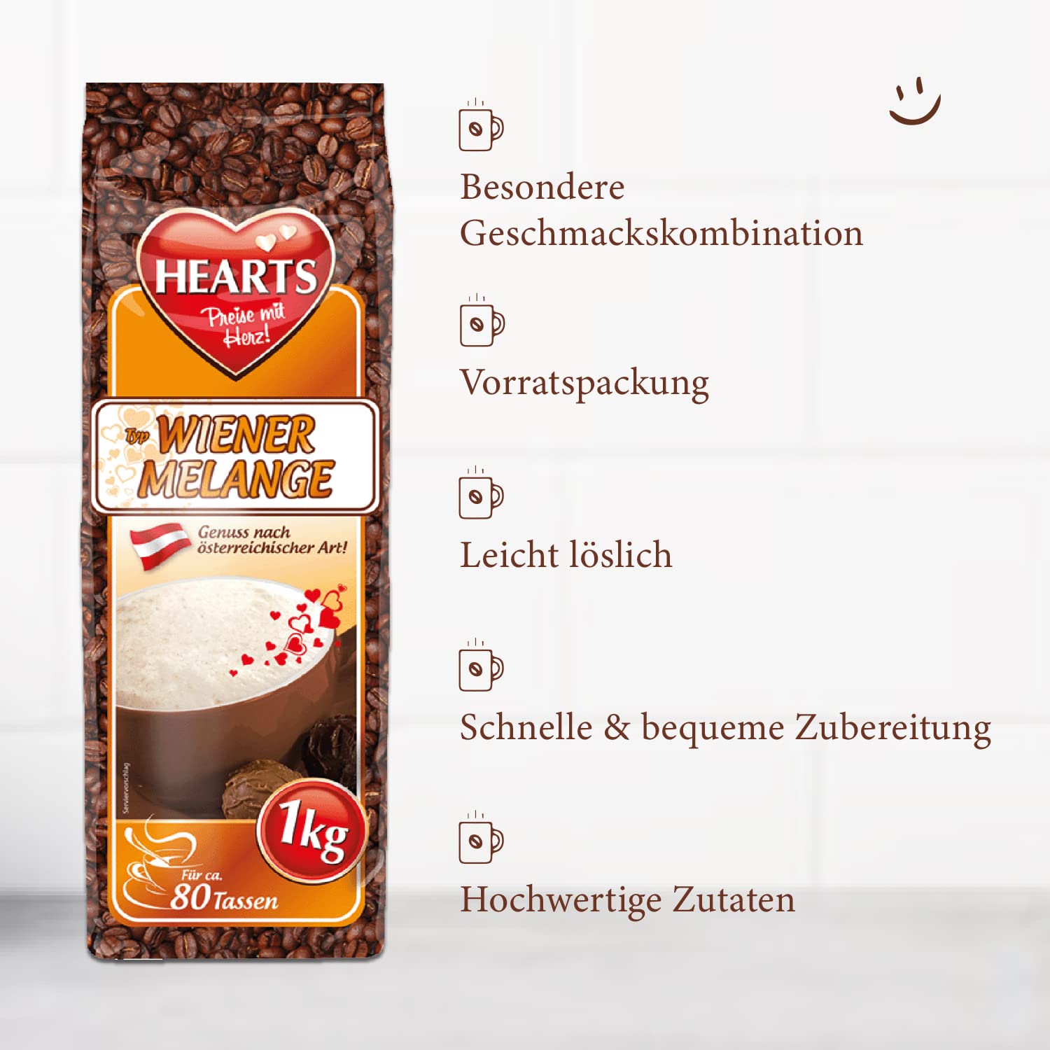 HEARTS Cappuccino Wiener Melange 10 x 1 kg - Genuss nach österreichischer Tradition, ca. 80 Portionen pro Beutel, Familienpackung, intensives Aroma, feinste Kaffeespezialität