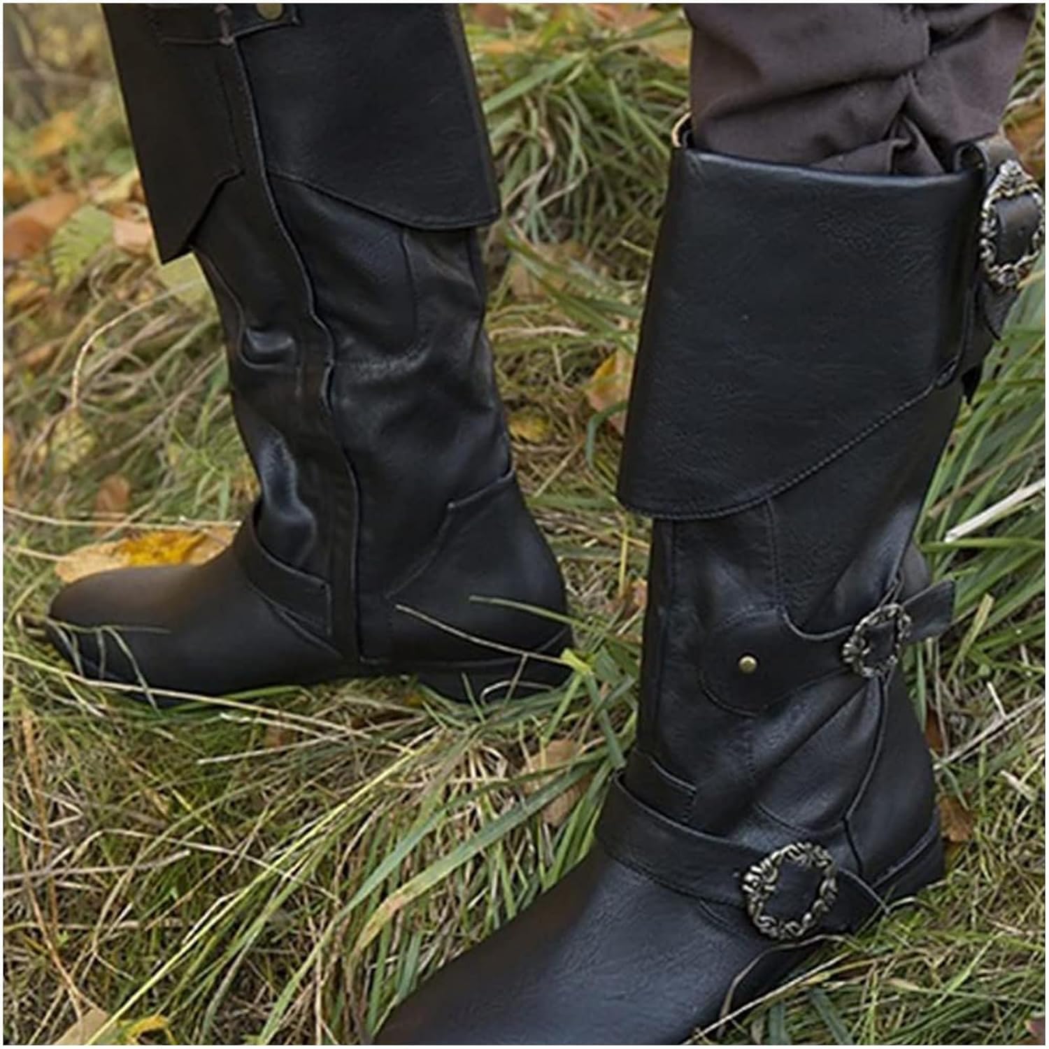 Mittelalterliche Ritterstiefel für Erwachsene Cosplay - Retro Langschaft Leder Manschettenschuhe - PU Leder Stiefel Renaissance Plus Size Stiefel Schuhe mit Gürtelschnalle,Schwarz,45