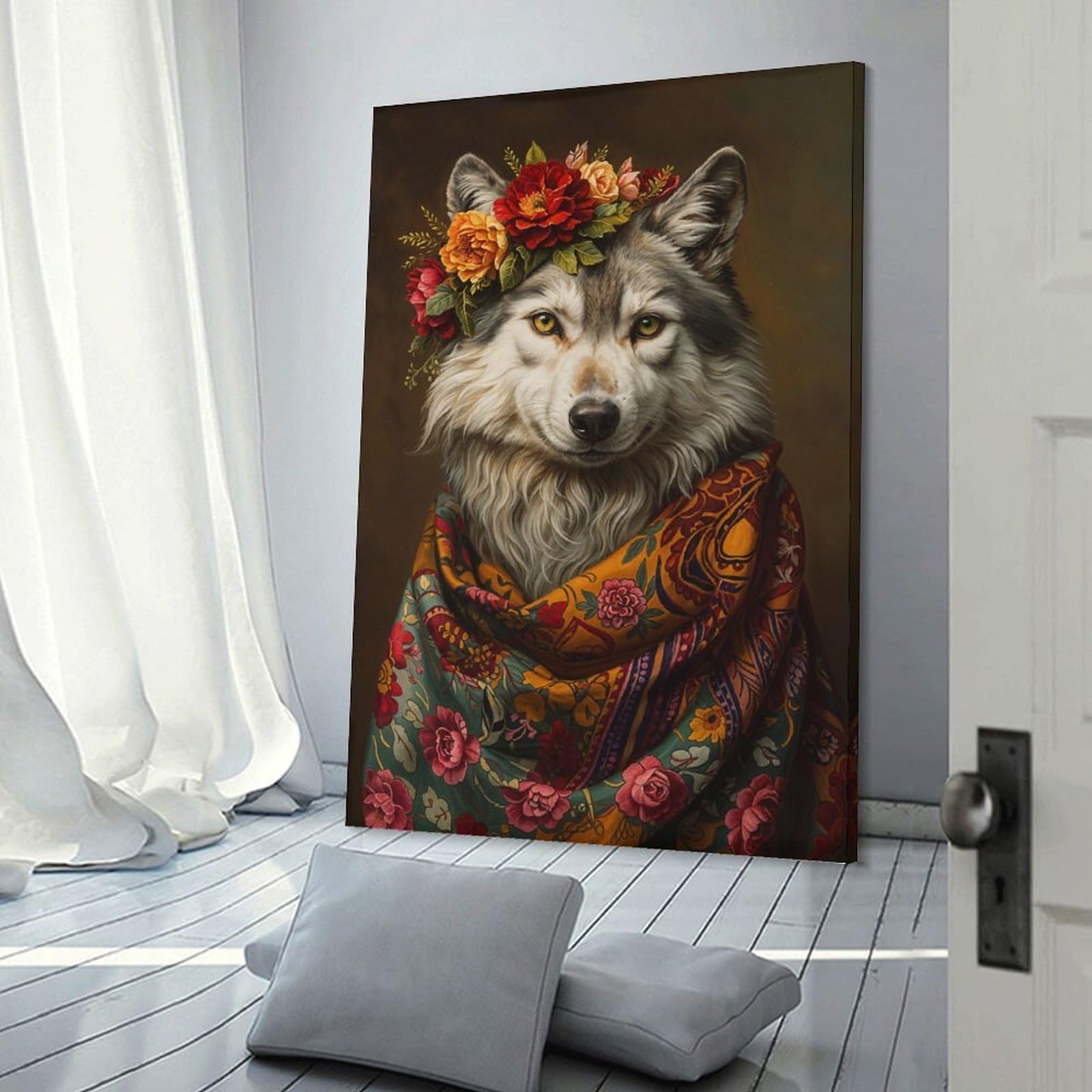 Junmoney Canvas Wall Art Wolf with Flowers, 12x18inch(30x45cm), for New Homes, Bedrooms Or Workspaces, Canvas Artwork with Gifting Potential