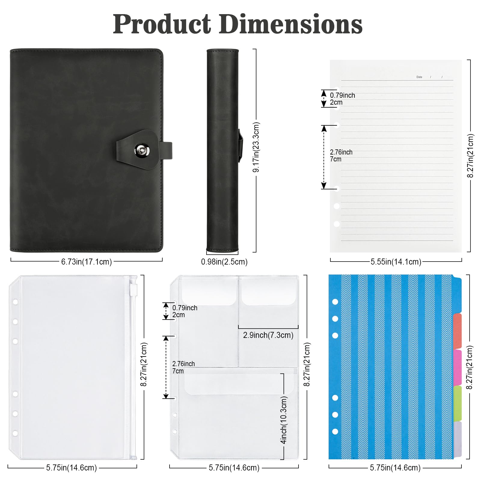 PU Leather A5 Ring Binder Notebook, 6 Ring Binder with 200 Sheets Refill Papers, Planner with Dividers - Image 3