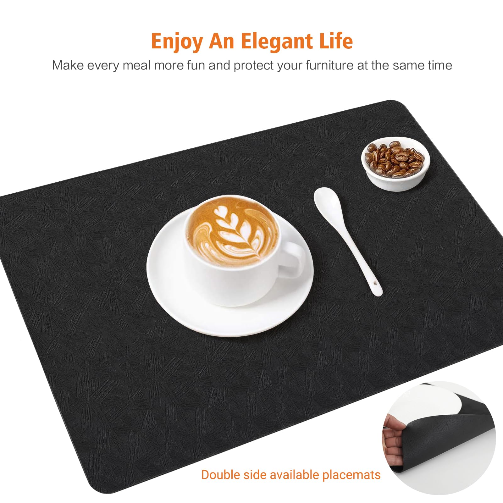 Vinyl Placemats Set of 6 Heat Resistant Easy Clean Non-Slip Place Mats for Dining Table. Faux Leather Waterproof Stain Resistant Wipeable Washable PVC Table Mats(6, Black)