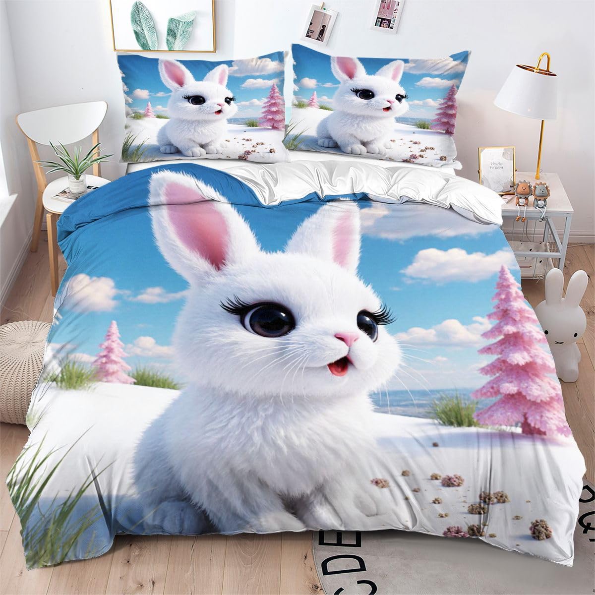 Housse de couette 200x200 lapin pour lit de fille et adulte en microfibre