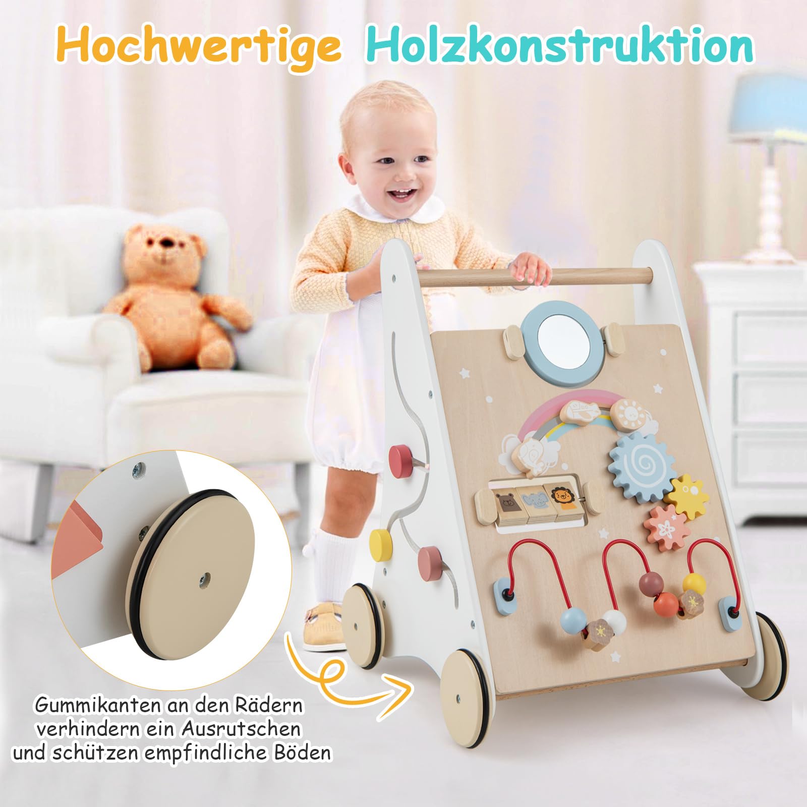 COSTWAY Lauflernhilfe aus Holz, 7 in 1 Lauflernwagen mit Spielbrett, Spiegel & Bauklötzen, Laufwagen zum Schieben mit Aufbewahrungsbox, Laufhilfe Baby ab 1 Jahr (Weiß + Natur)
