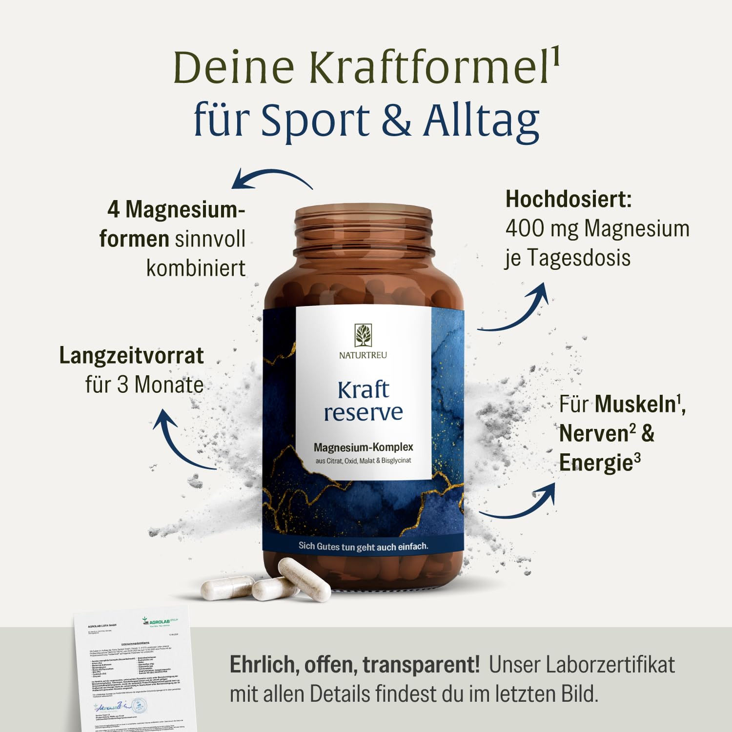 NATURTREU® Magnesium Komplex hochdosiert - Komplex mit: Magnesiumcitrat, Bisglycinat, Magnesium Malat und Magnesiumoxid - Vegan - 180 Kapseln