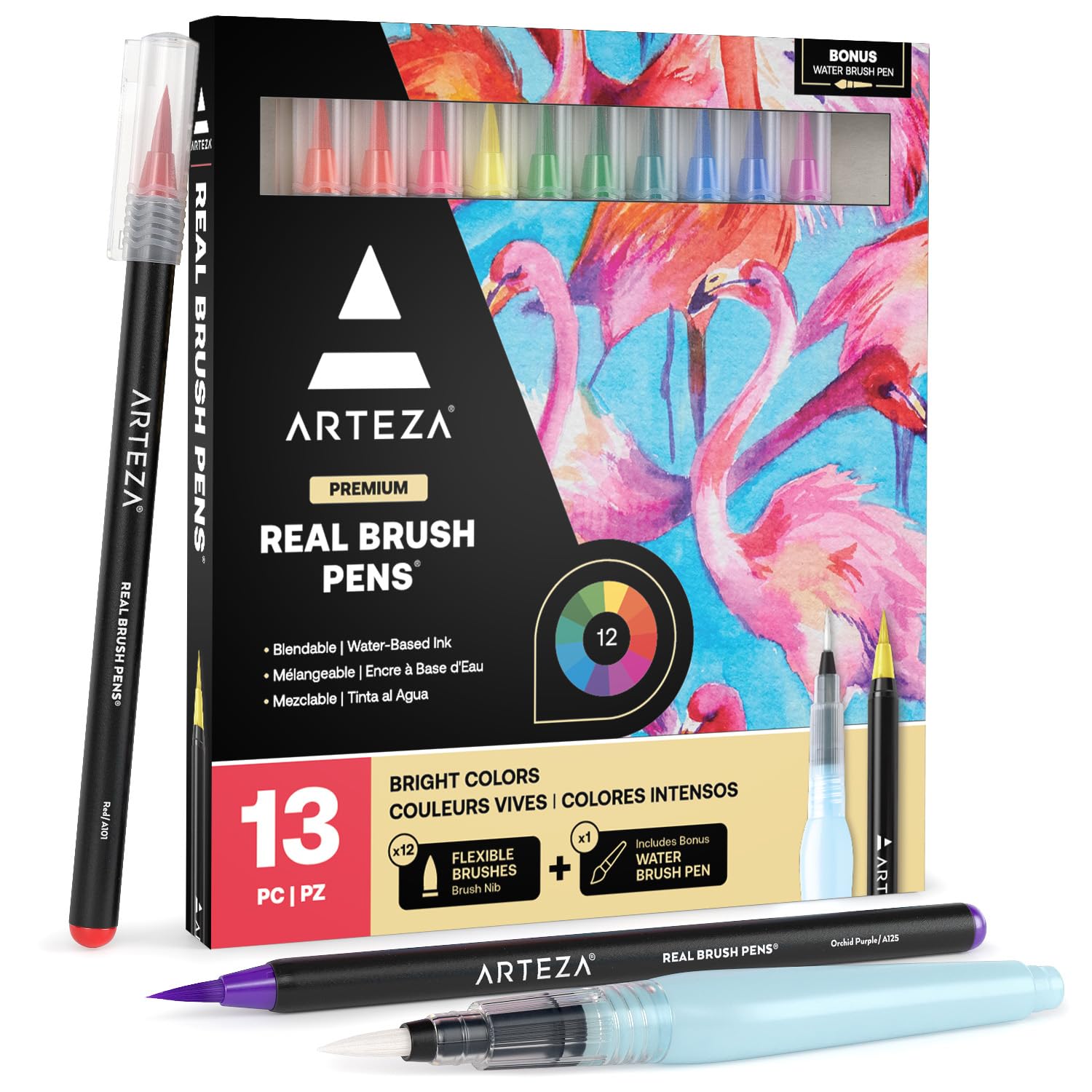 ARTEZA Real Brush Pens, Set of 12, Bright Tones, Blendable Watercolour Markers and 1 Water Brush, Art Supplies for School, Home, and Office