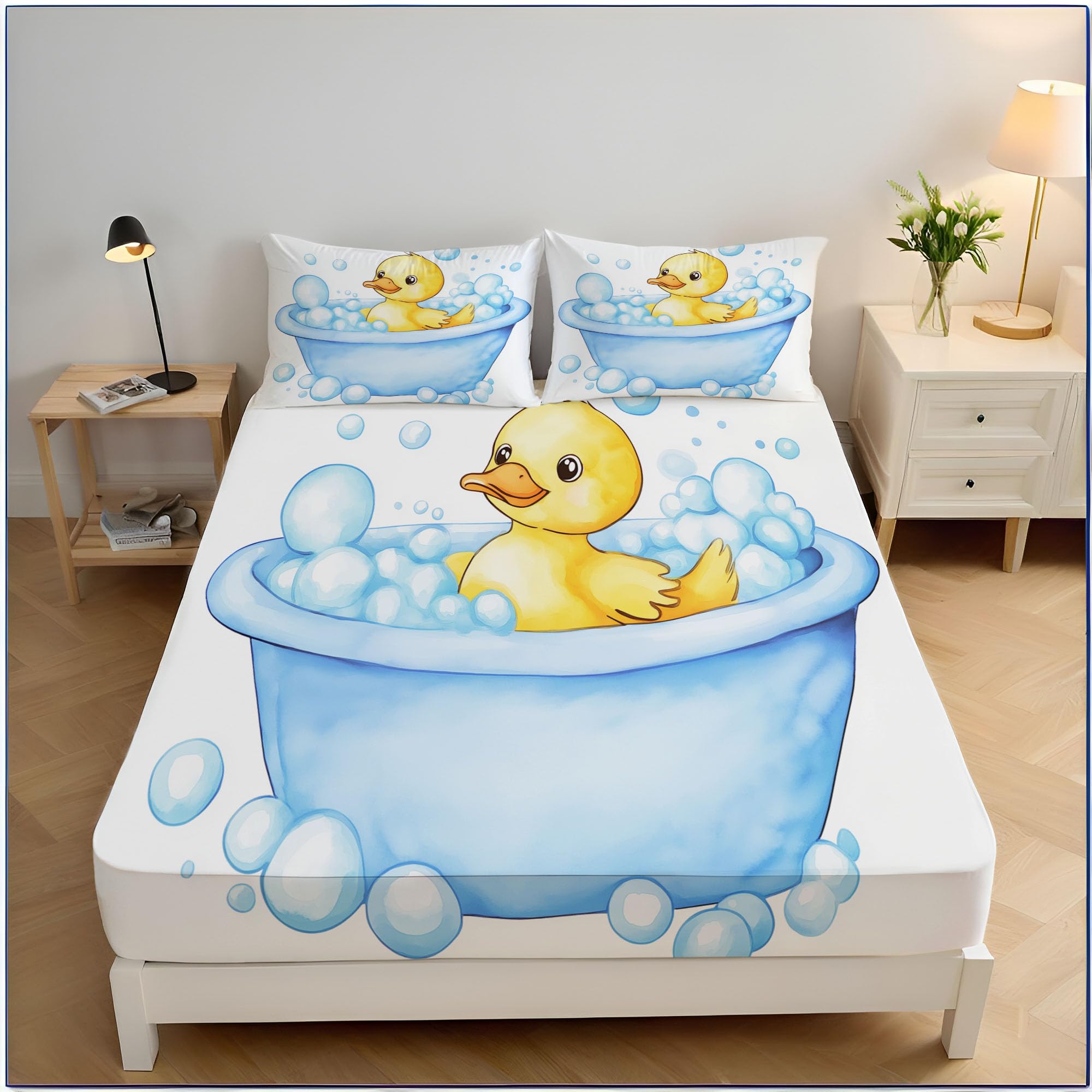 Parure de lit 160x200cm avec drap housse et taies motif canard