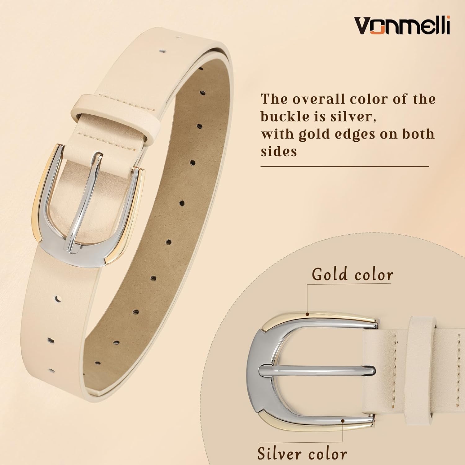 VONMELLI Women Leather Belt for Pants Jeans Dresses Ladies Belts with Fashion Gold Silver Buckle - Image 3
