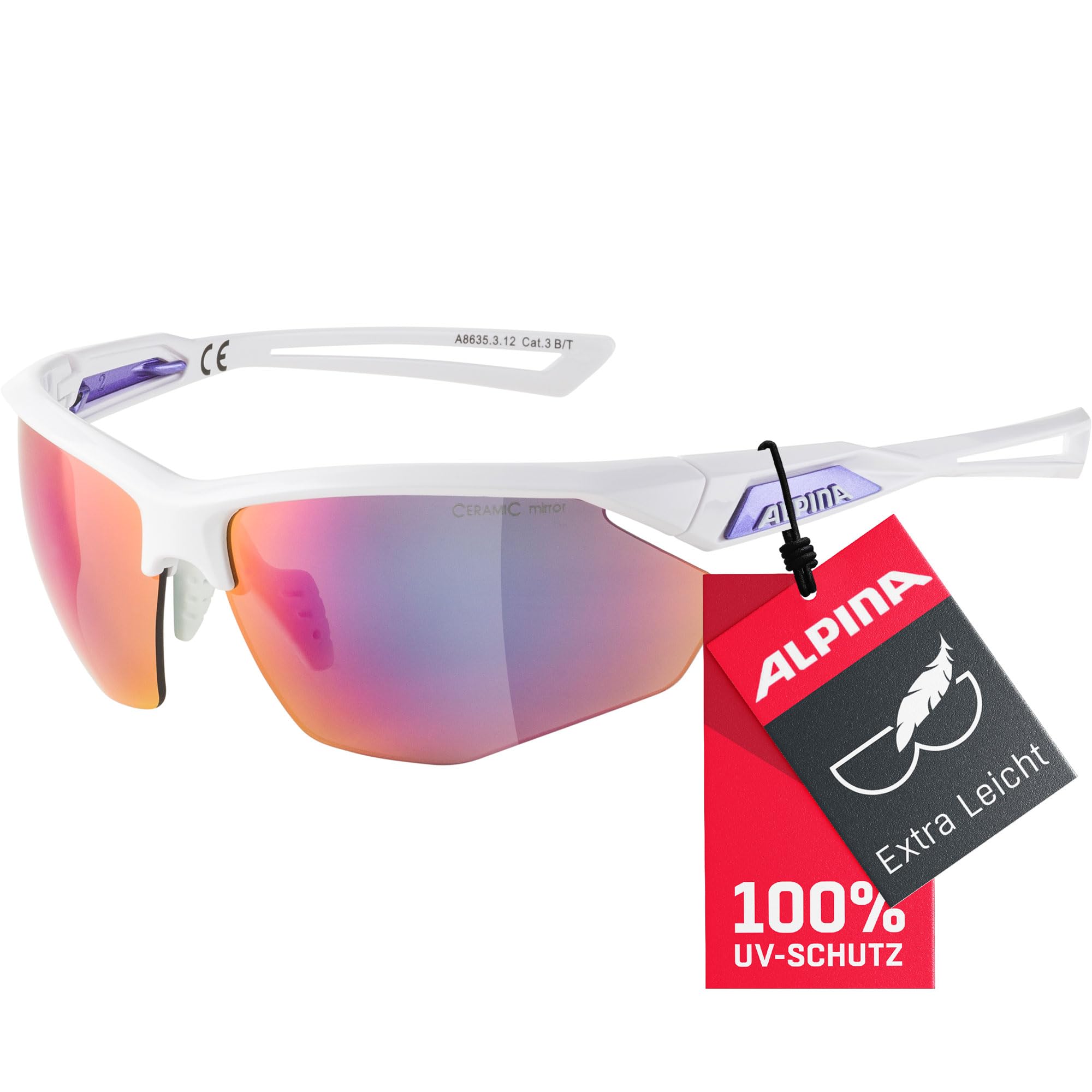 ALPINA NYLOS HR - Verspiegelte und Bruchsichere Sport- & Fahrradbrille Mit 100% UV-Schutz Für Erwachsene, white-purple gloss, One Size