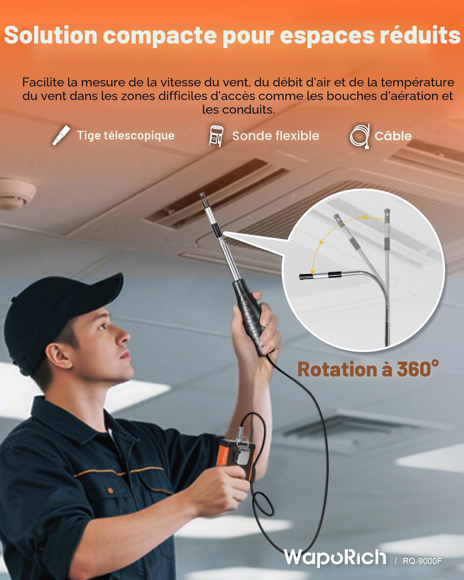 Anémomètre à Fil Chaud, WapoRich Thermo-Anemometre VMC Portable, Mesure Vitesse du Vent 0,1-30 m/s, CFM/CMM/CMS 0–999900, avec MAX/MIN pour Conduits HVAC - RQ-9000F
