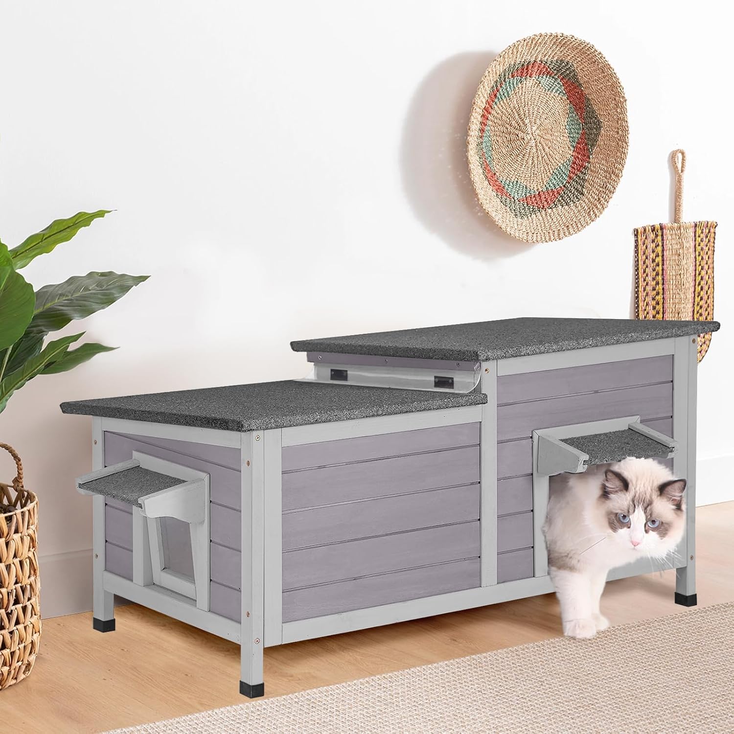 Aivituvin Outdoor Cat House，Double Rooms Waterproof Outside Feral Cat Shelter for Winter 100% Wood