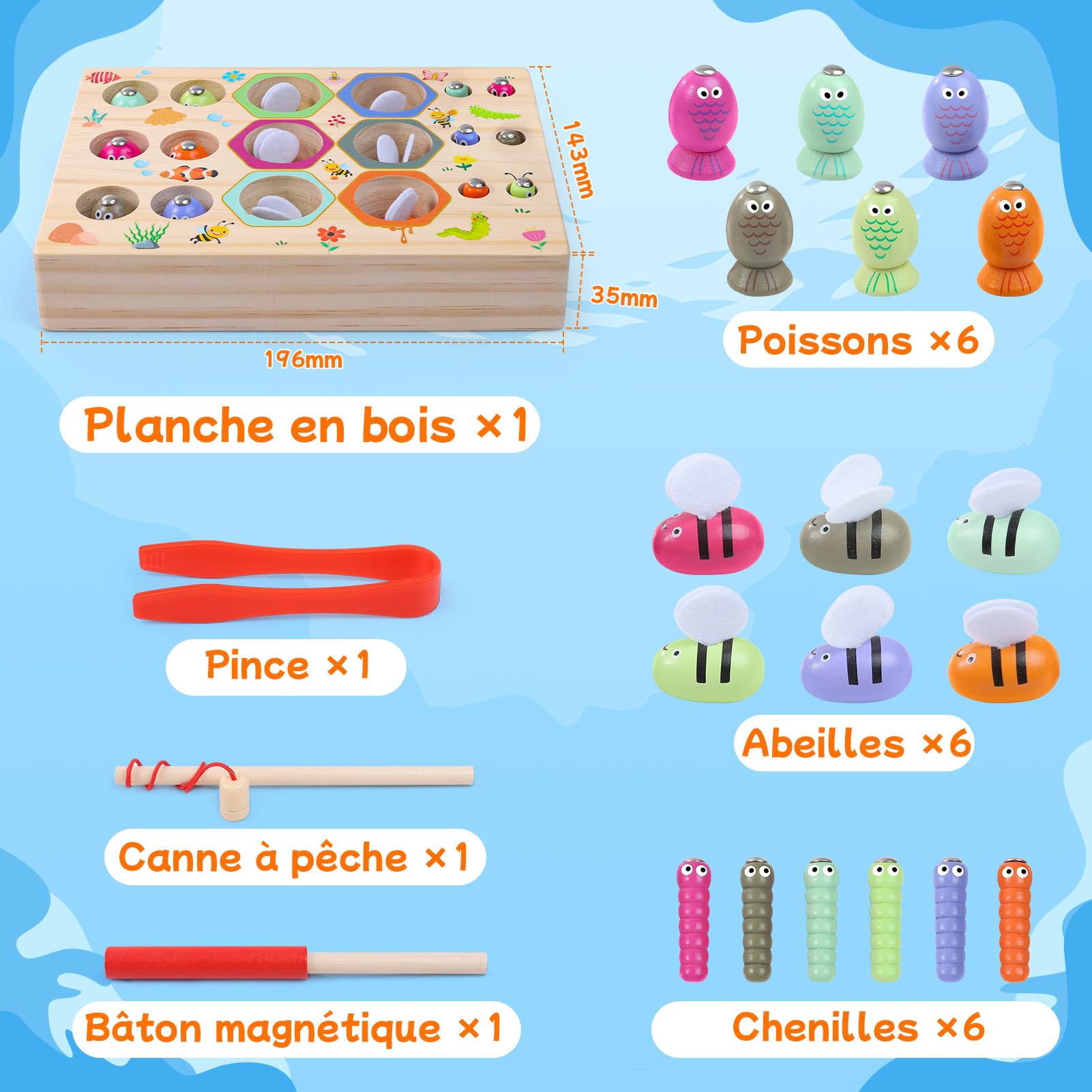Jeu de pêche magnétique 3 en 1 en bois pour enfants, jouet Montessori éducatif, cadeau d'anniversaire ou de Noël pour garçons et filles de 3 ans