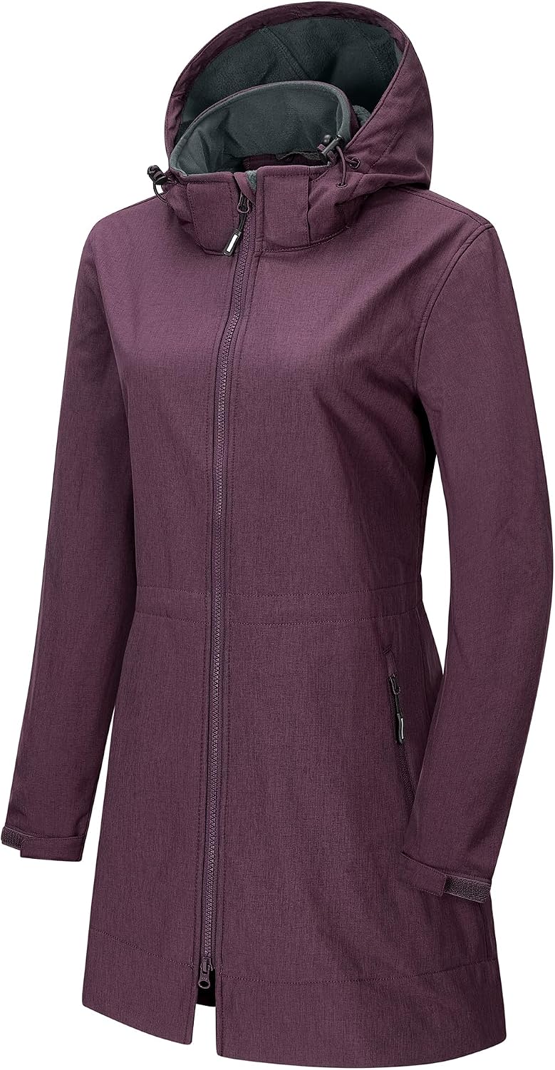Outdoor Ventures Women’s Softshell Jacket with Removable Hood Fleece Lined Windbreaker Insulated Long Warm Rain Jacket