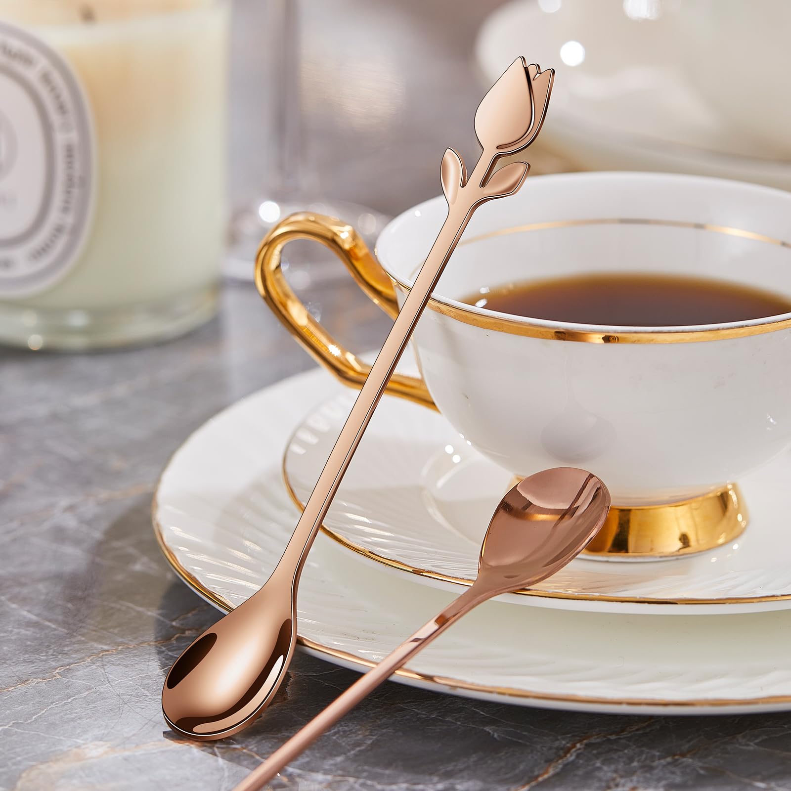 Juego de 12 mini cucharas de café con mango de tulipán de oro rosa, acero inoxidable de 6 pulgadas para espresso, té, postre, ideal para demitasse y porciones pequeñas