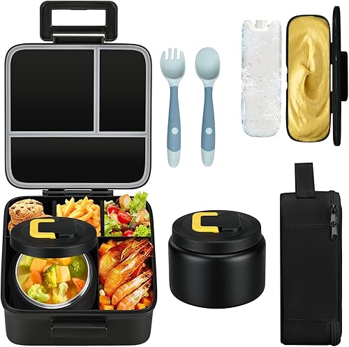 MAISON HUIS Lonchera Bento para niños con termo de sopa de 8 onzas, recipientes de almuerzo a prueba de fugas con 5 compartimentos, tarro térmico