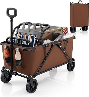 Goplus Collapsible Wagon, Foldable Garden Cart w/Adjustable Handle, Bottle Holders & Storage Pocket, Removable Fabric, 45Gal/170L Large Capacity Folding Beach Wagon for Shopping,Camping,Garden,Grocery