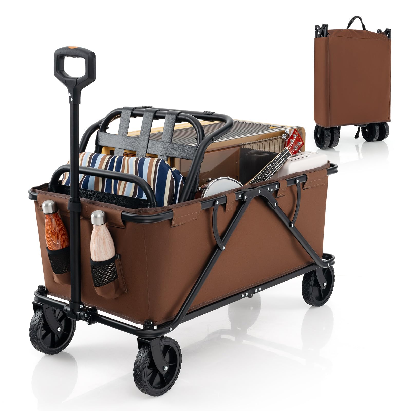 GYMAX Chariot de Plage Pliable à roulettes, avec Guidon Réglable, Porte-Bouteilles et Poche de Rangement, Chariot Utilitaire Pliable d'Extérieur, pour Camping-Jardin-Plage (Brun)