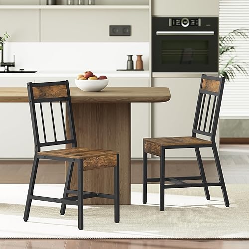 Miniatura 6 de CY03L2BR - Juego de 2 sillas de comedor industriales con marco de metal, respaldo inclinado, juego de sillas de comedor de madera, para cocina, sala
