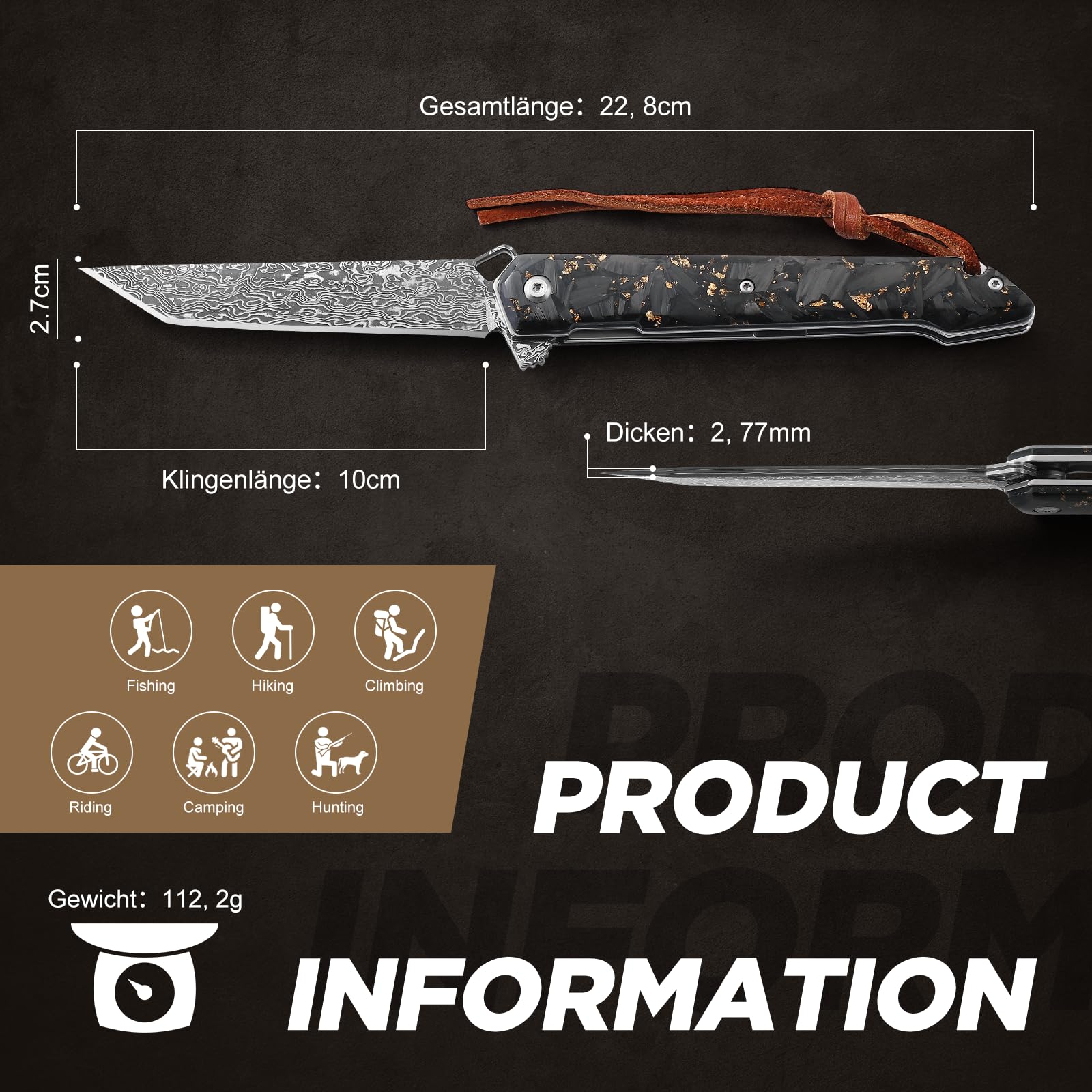 Omesio Cuchillo Damasco de Bolsillo para Hombre Mujer, Cuchillo Plegable Tanto de 3.94 Pulgadas con Mango de Fibra de Carbono, Cuchillo EDC de Acero Damasco para Outdoor Camping Caza Colección Regalo