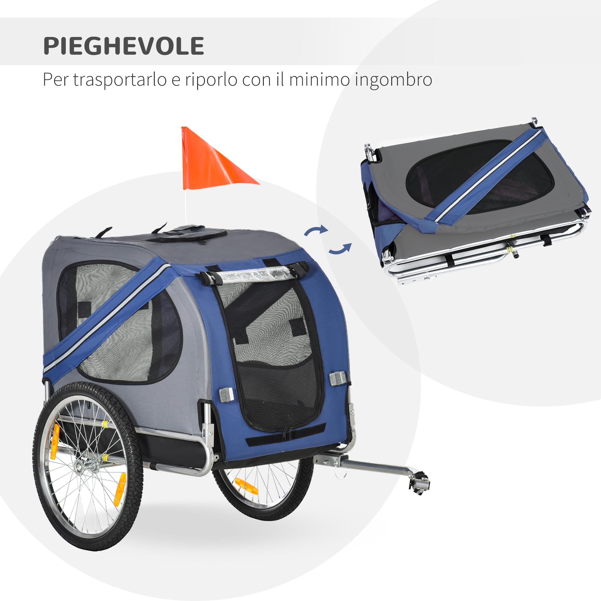 PawHut Rimorchio da Bicicletta per Cani e Gatti 2 Grandi Ruote da 50cm Buona Ventilazione Bandiera di Sicurezza Resistente alle Intemperie Acciaio e Tessuto Oxford