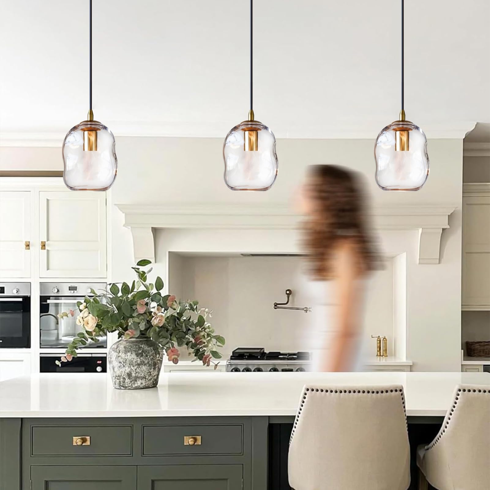 Ohne Stromanschluss Hängelampen mit batterie,Modern Pendelleuchte mit Glasschirm,Batteriebetrieben Hängelampe mit Fernbedienung,Pendelleuchte für Kücheninseln mit wiederaufladbarer Lichtquelle.