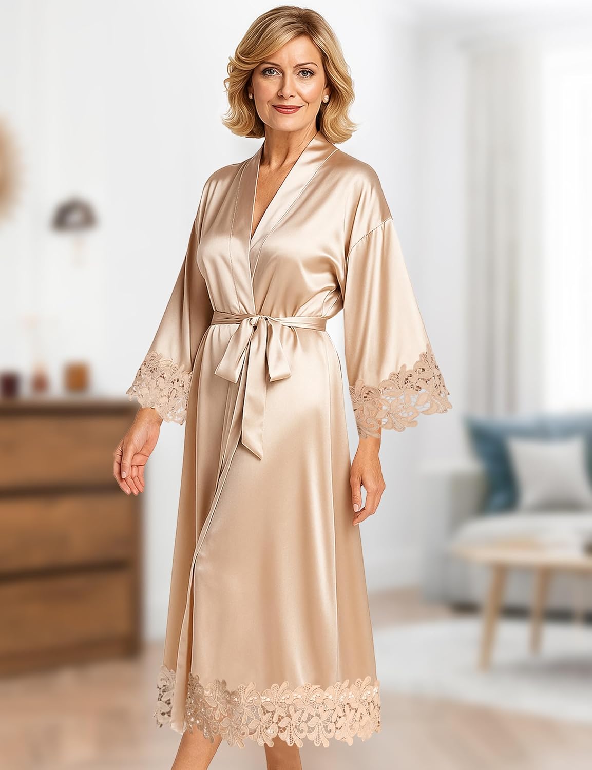 EPLAZA Bride Robe for Wedding Day Lace Trim Long Bridal Kimono Robes with Embroidery Bachelorette Party Getting Ready Outfits - Image 6