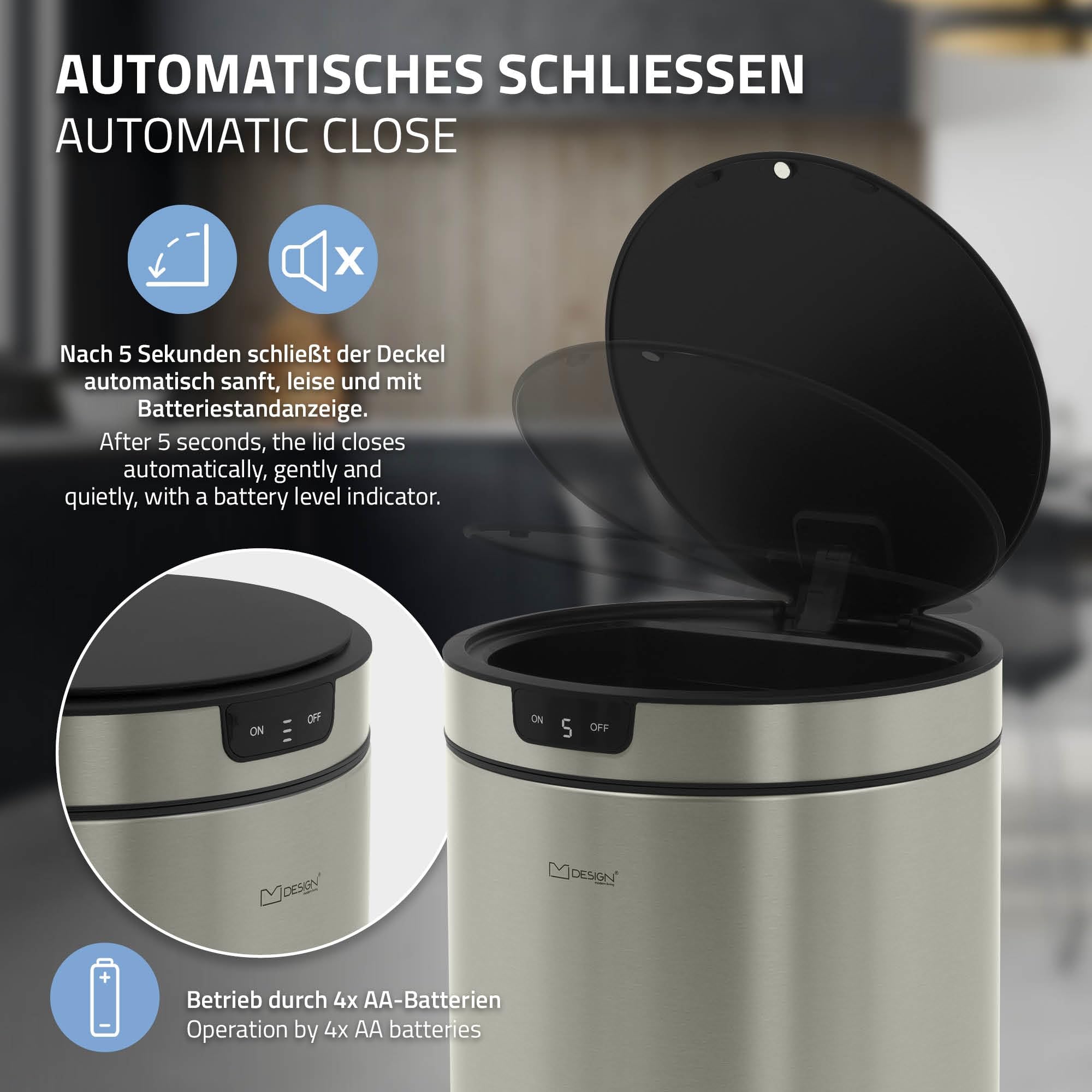 ML-Design Mülleimer mit Sensor 30L rund aus Edelstahl, Silber, Automatisches Öffnen & Schließen, Abfalleimer berührungslos, Klemmring für Müllbeutel, Müllbehälter mit Bewegungssensor für Küche & Büro