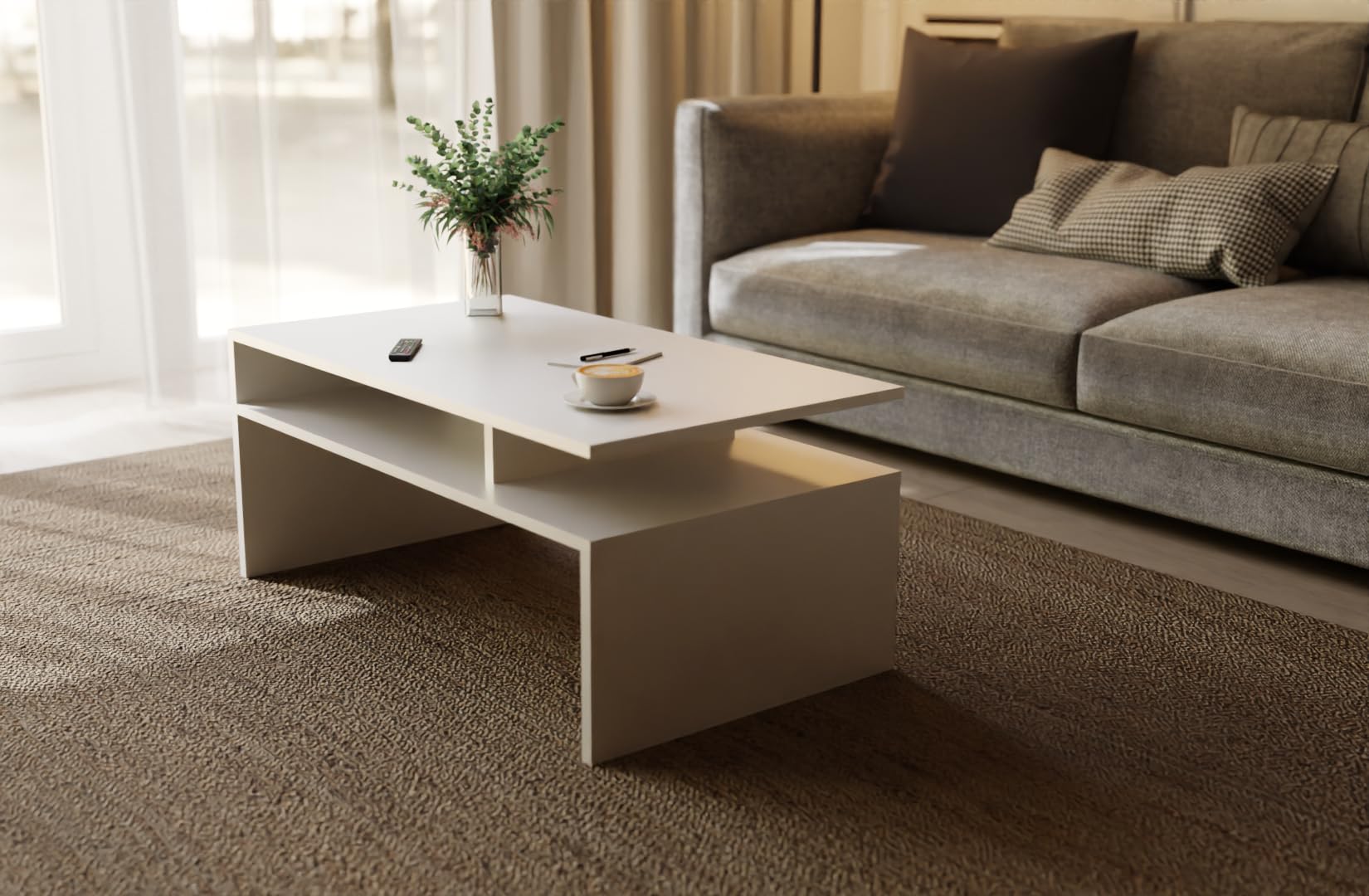 MeblePitus Couchtisch ST-4 Weiß – Moderner rechteckiger Wohnzimmertisch 90×50×45 cm im skandinavischen Stil – Sofatisch mit Ablagefach, robust & pflegeleicht