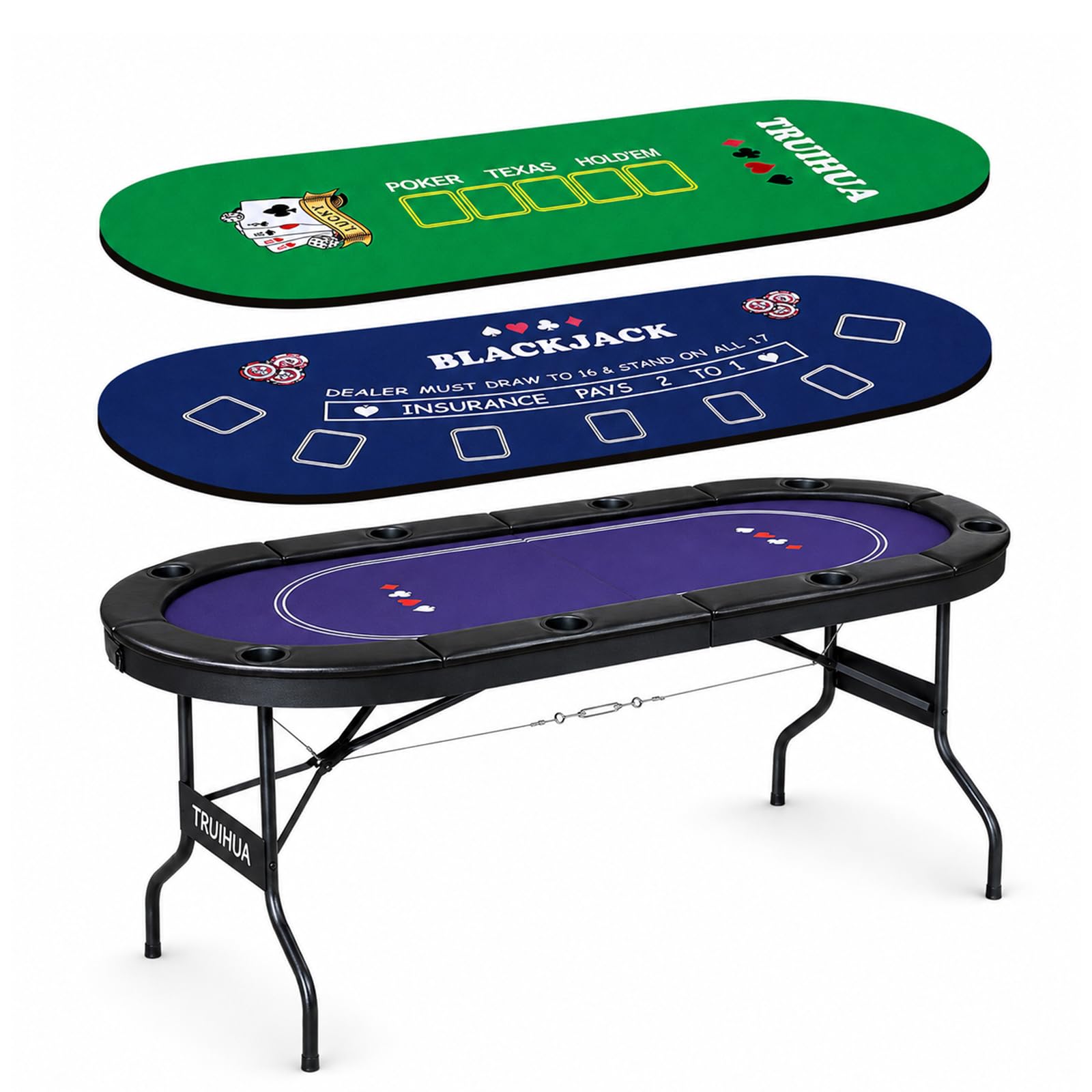 Tavolo da poker pieghevole da 180 cm per 8 giocatori, con 2 tappetini intercambiabili in feltro, guida imbottita e portabevande, Texas Hold'em e Blackjack
