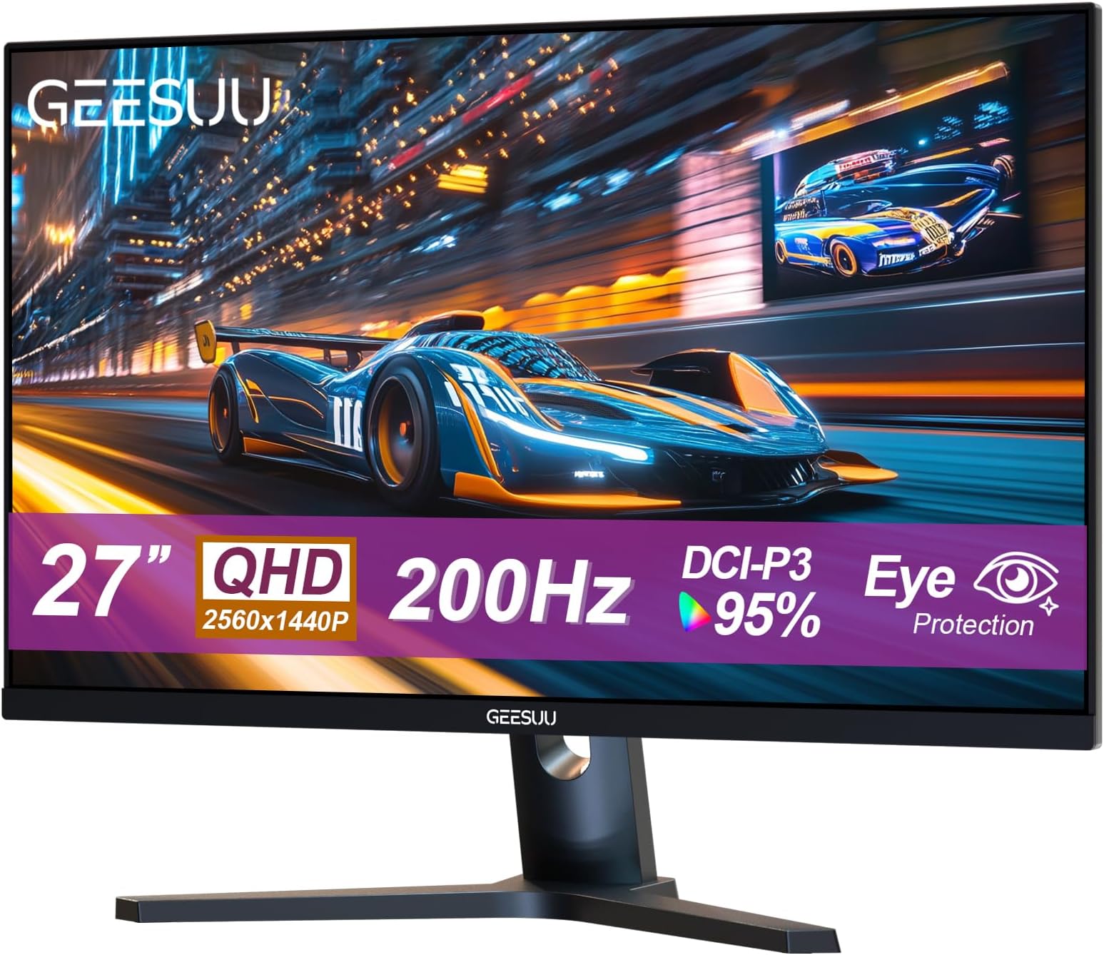 GEESUU 27 Inch Gaming Monitor, Computer Monitors 200Hz, PC Display QHD 1440p, IPS, 1ms, 95% DCI-P3, Eye-Care, Lowblue, HDMI 2.1 & DP 1.4 (No VESA): image 1 of 8