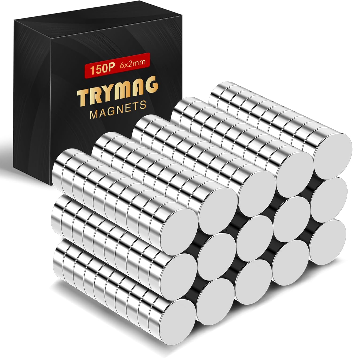 TRYMAG Small Neodymium Magnets, 150 Pcs 6x2MM Tiny Rare Earth Magnets for Whiteboard, Small Round Disc Magnets for Fridge, Crafts, DIY, Science, Office Magnets