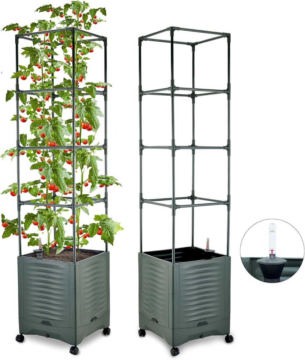 Tomato Planter Pot Tomato Box Raised Garden Bed 56.5" Tall Self-Watering and Water Indicator Planter for Tomato Outdoor Indoor Metal Trellis for Climbing Plants Large Reservoir-1 planter-not 2