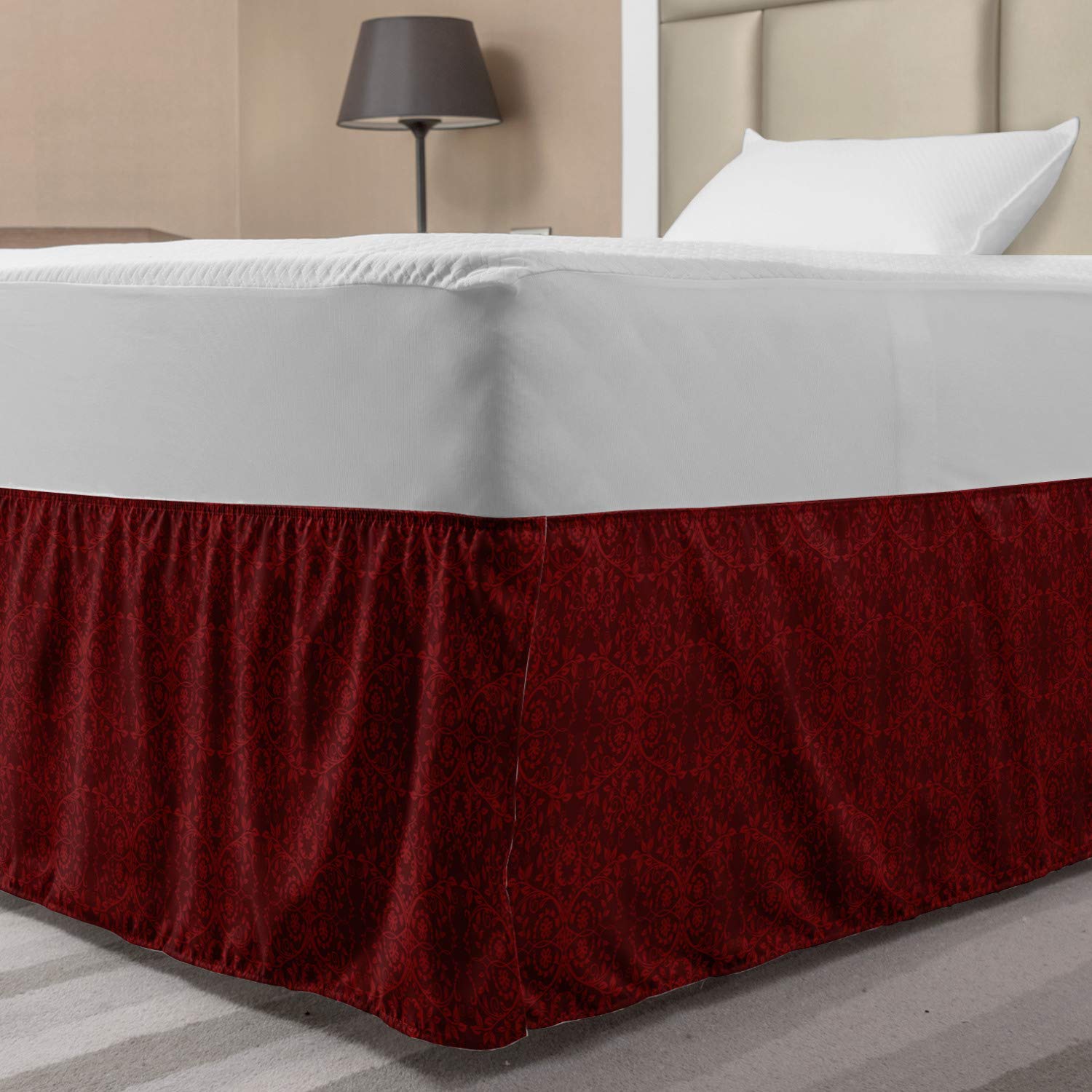 Lunarable Burgundy Elastic Bed Skirt Intricate Spring Motifs Abstract Style Blossoming Branches Flower Buds Wrap Around Fabric Bedskirt