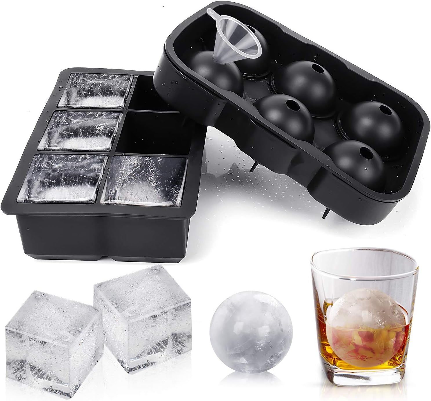 Ice Cube Trays Silicone Ice-Ball-Mold - Timok 2 Packs Odorless Ice Trays Large Sphere Ice Ball Maker with Lid and Square Easy to Release Ice Cube Molds for Whiskey & Cocktail - Flexible and BPA Free