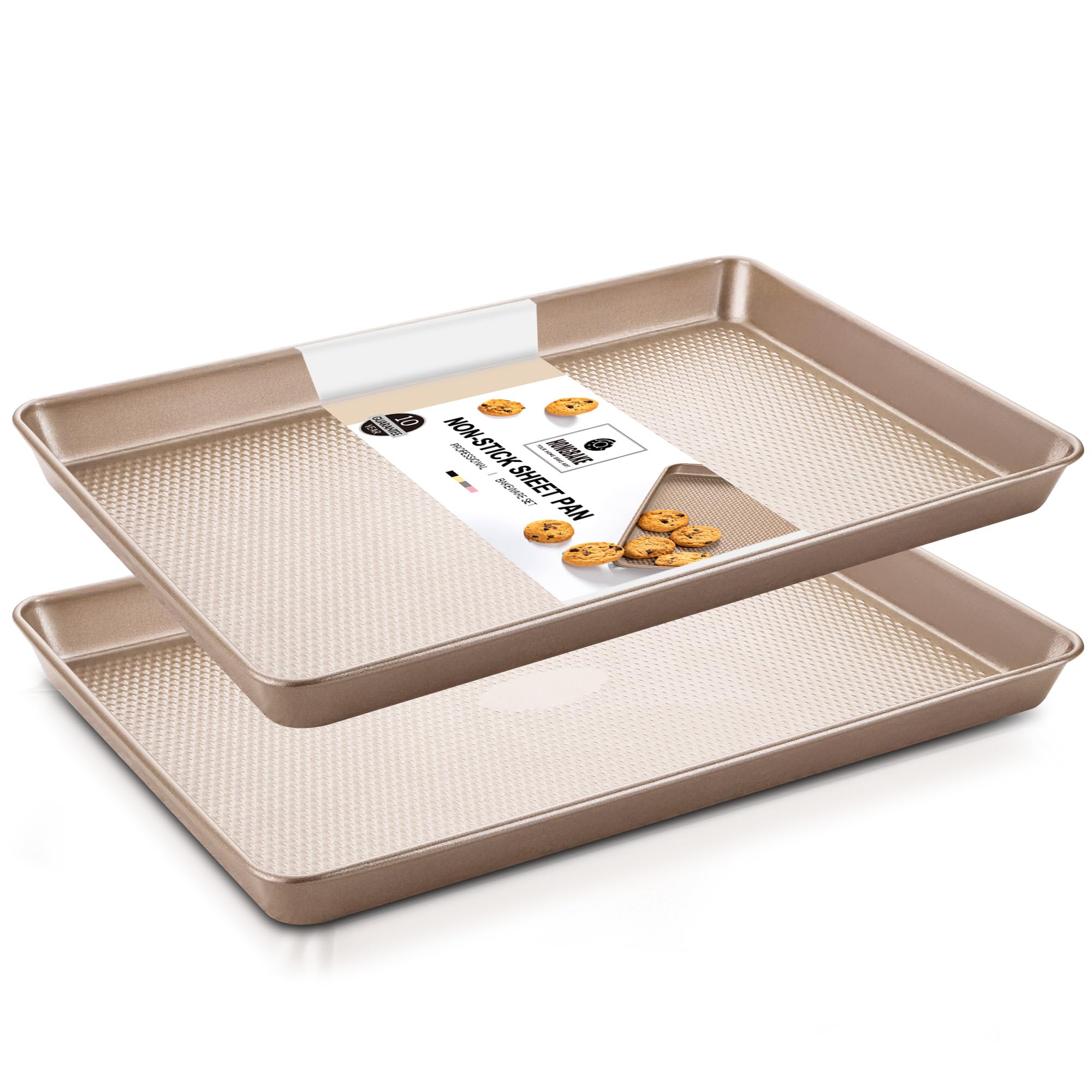 Half Baking Sheet Pan with Diamond Texture, 2 Pack Non Stick Cookie Sheet for Baking, Heavy Duty Non Toxic Baking Pan for Oven, 17.6" x 12" Baking Trays, Gold