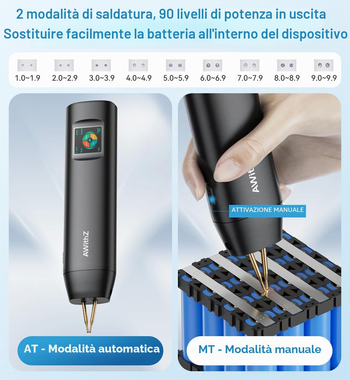Saldatrice a punti per batterie, AWithZ 2 in 1 Saldatrice a Punti H2 con aghi di ricambio,LCD, 99 Livelli regolabili per riparare piccoli progetti, realizzare pacchi batteria (H2PRO)