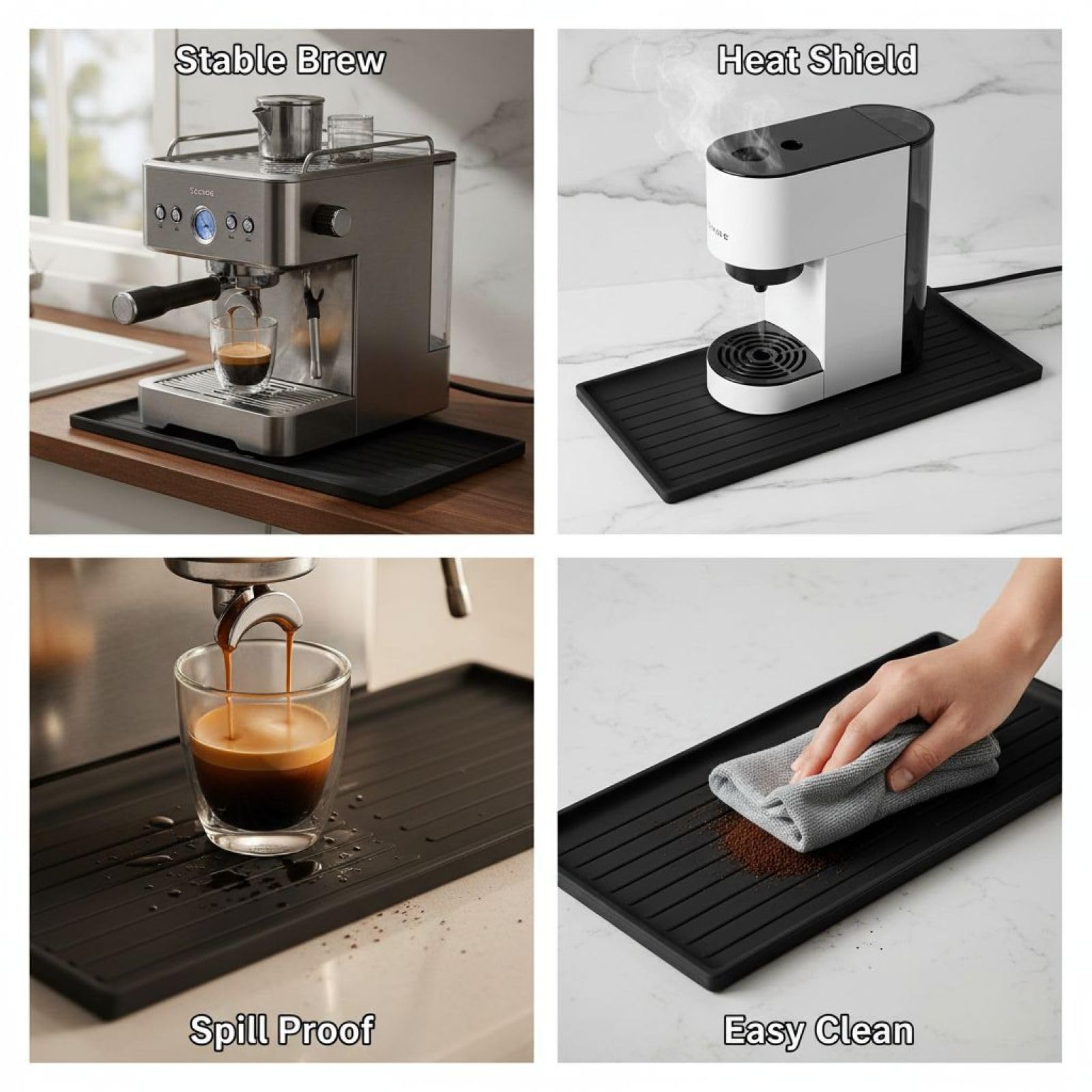 2 Stk. Silikon-Kaffeeunterlagen-Set, mit 60 x 39,9 cm Kaffeeunterlage und 39,1 x 19 cm Abtropfmatte, rutschfest, hitzebeständig, schwarz, für Küche und Kaffeebar