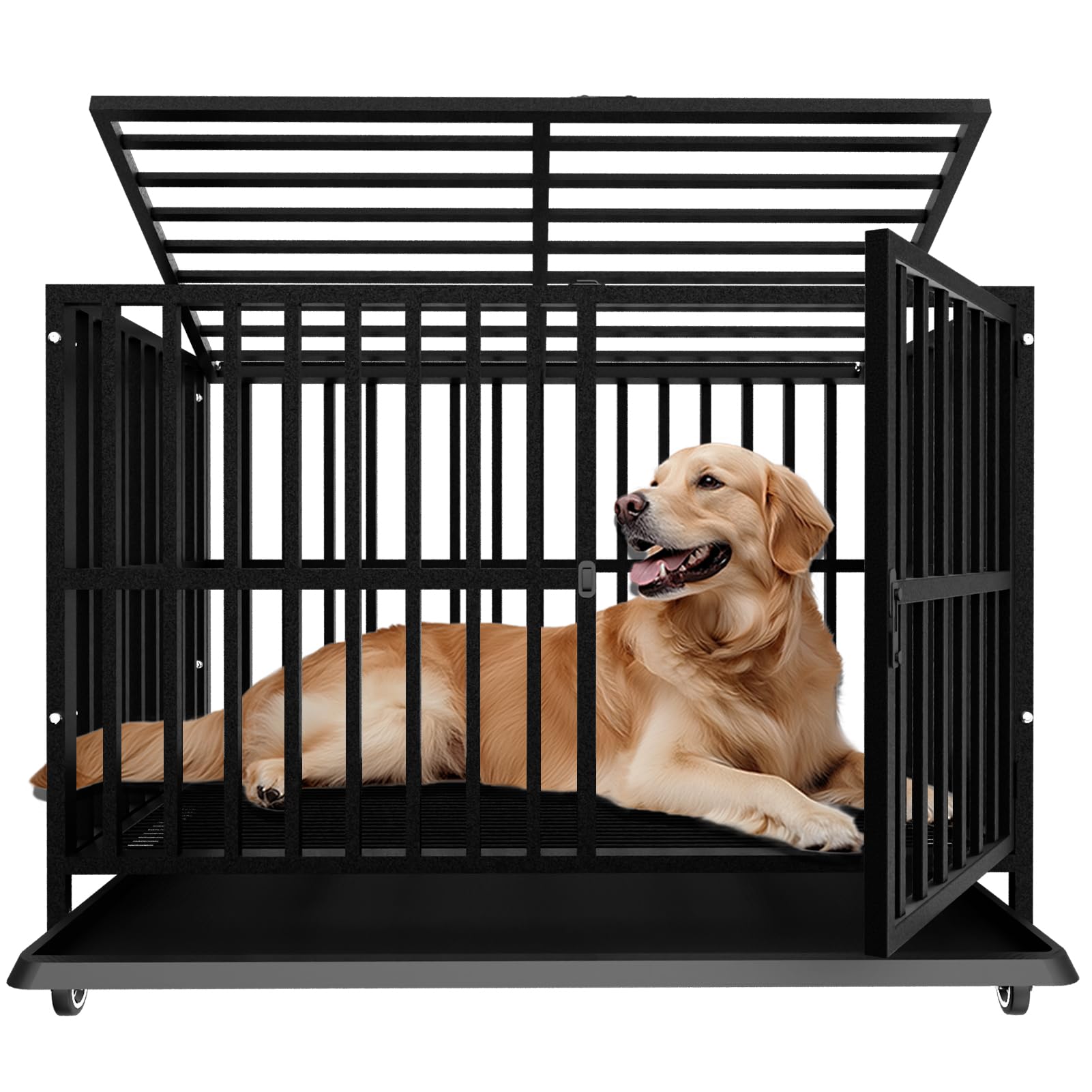 Caja para perros extragrande, resistente e indestructible, de acero de aleación, con ruedas con cerradura, puerta doble y cerraduras resistentes, jaula para perros con compartimento extraíble (extra