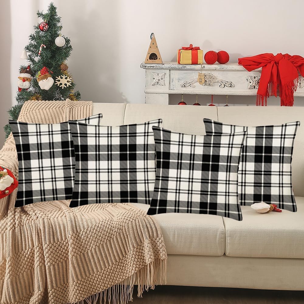 Fukeen Set of 4 Black and White Buffalo Plaid Pillow Covers 24x24 Inch Outdoor Christmas Check Throw Pillow Cover Winter Farmhouse Decorations Pillow Cases Cotton Linen for Sofa Couch Home Decor