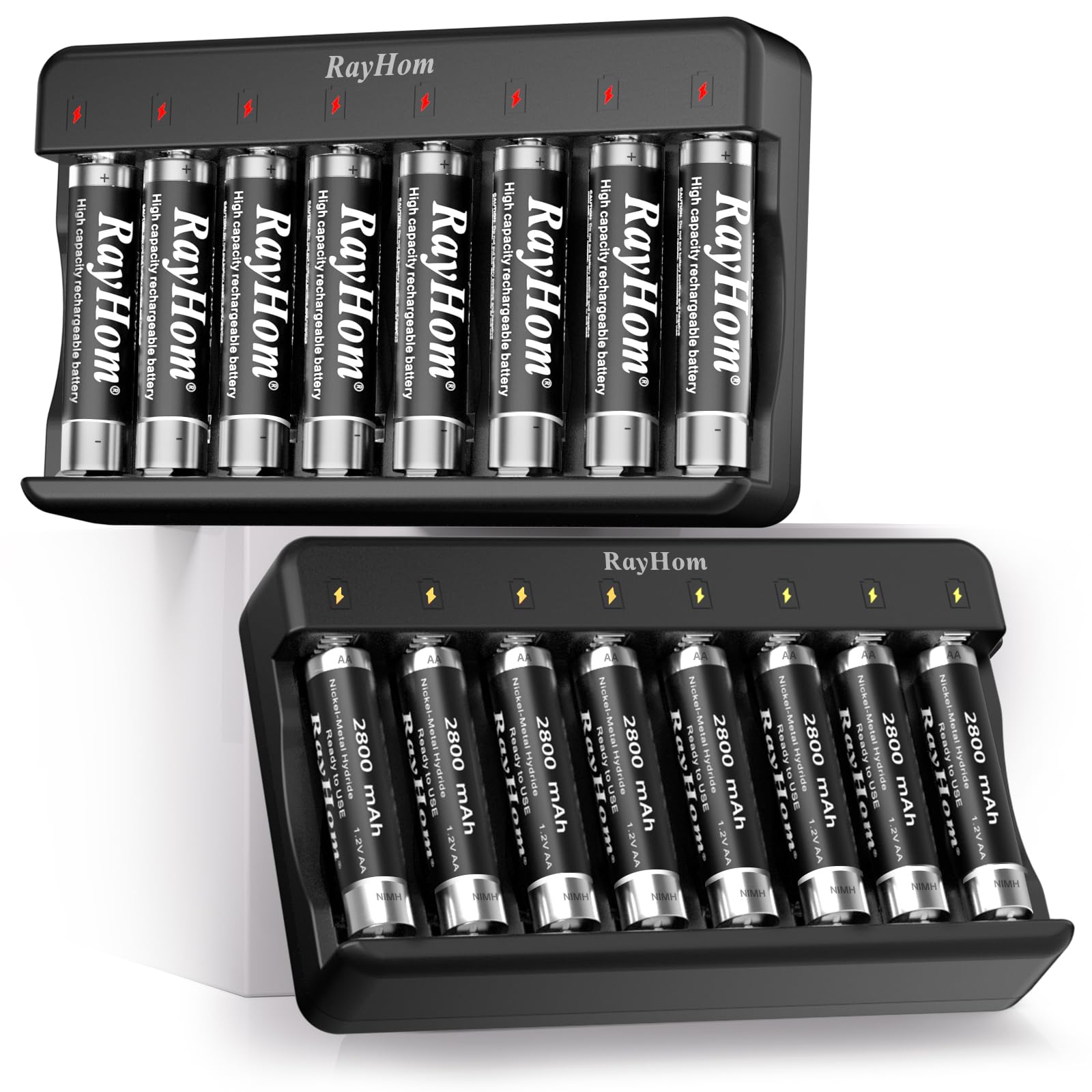 Rechargeable AA Batteries with Charger - 16Pack 2800 mAh High Capacity Ni-MH Rechargeable Double A Batteries, 2Pack 8 Slots Battery Charger for Ni-Mh/Ni-Cd Rechargeable Battery