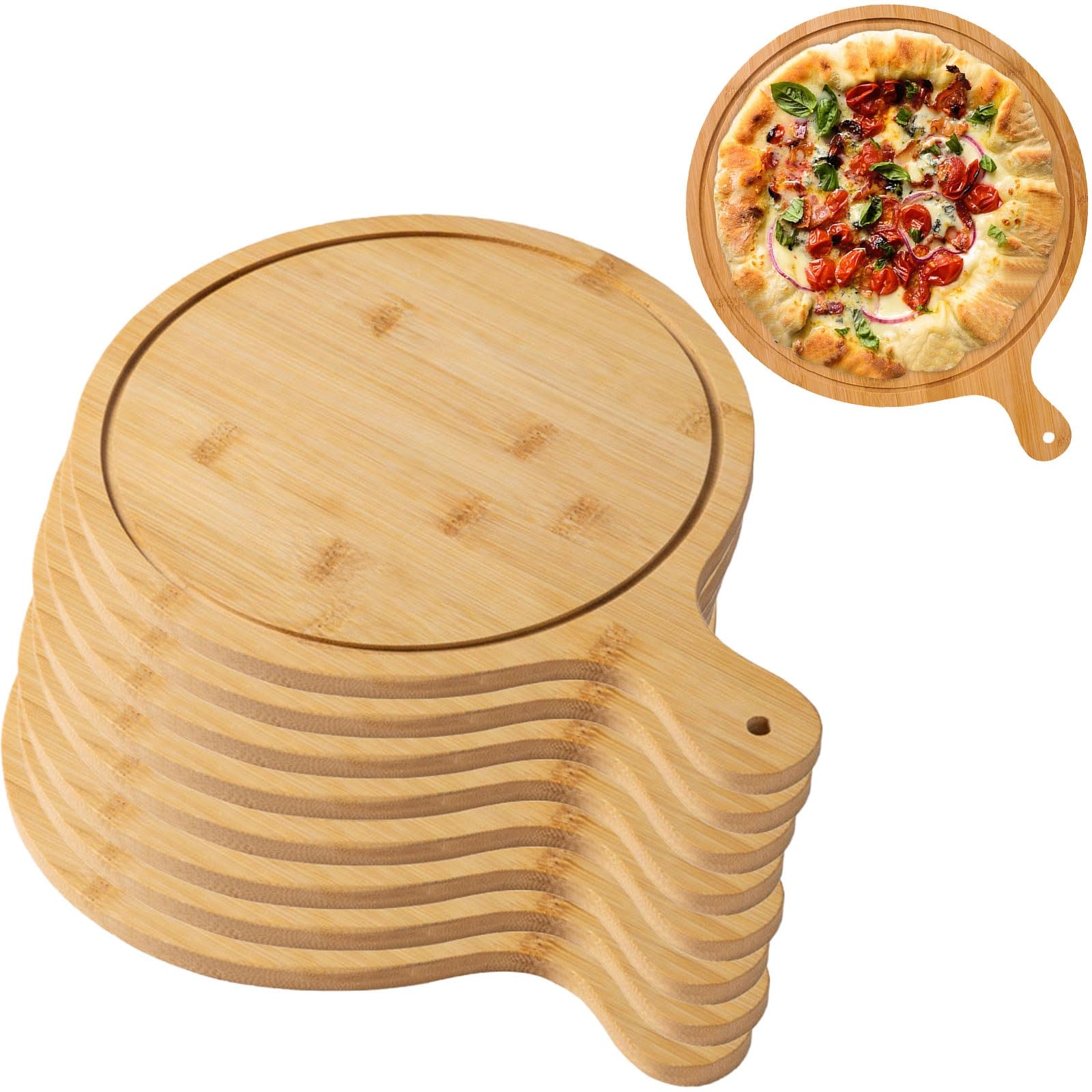 Lot de 8 planches de service à pizza en bois – Plateau léger avec poignées antidérapantes pour la cuisson, le service et le rangement | Grande planche à pizza de 33 cm pour chefs à domicile