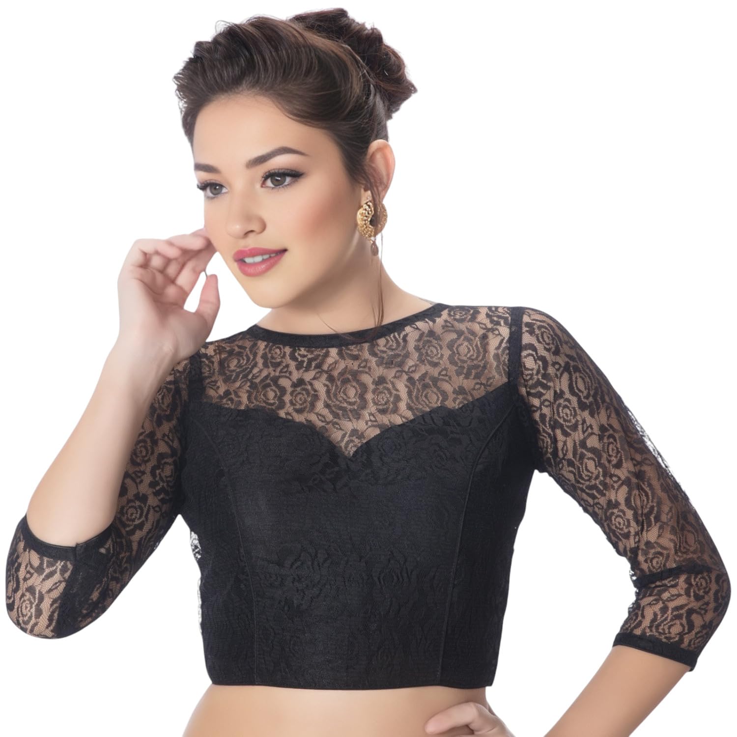 biyu Women's Floral Net 3/4th Sleeves High Neck Readymade Saree Blouse-picture-31