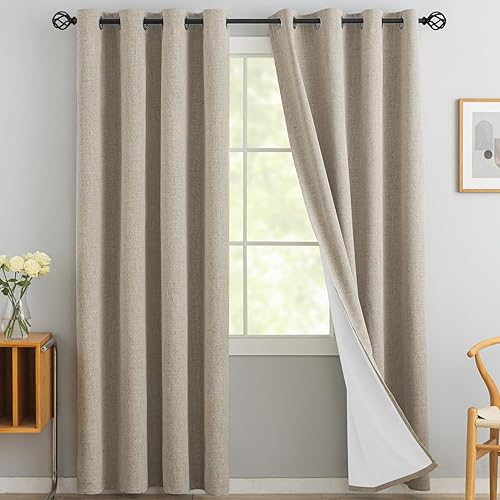 Yakamok Cortinas de lino natural 100% opacas de 84 pulgadas de largo, cortinas texturizadas para oscurecer la habitación para sala de estar,