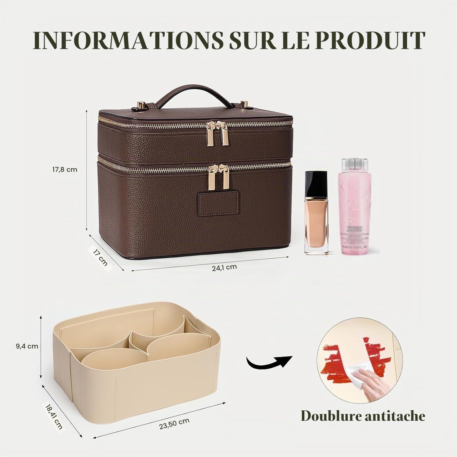 Vanity Maquillage en Cuir Double Couche Femme, Grande Trousse de Maquillage Voyage avec Compartiment Amovible, Trousse de Toilette Imperméable Portable