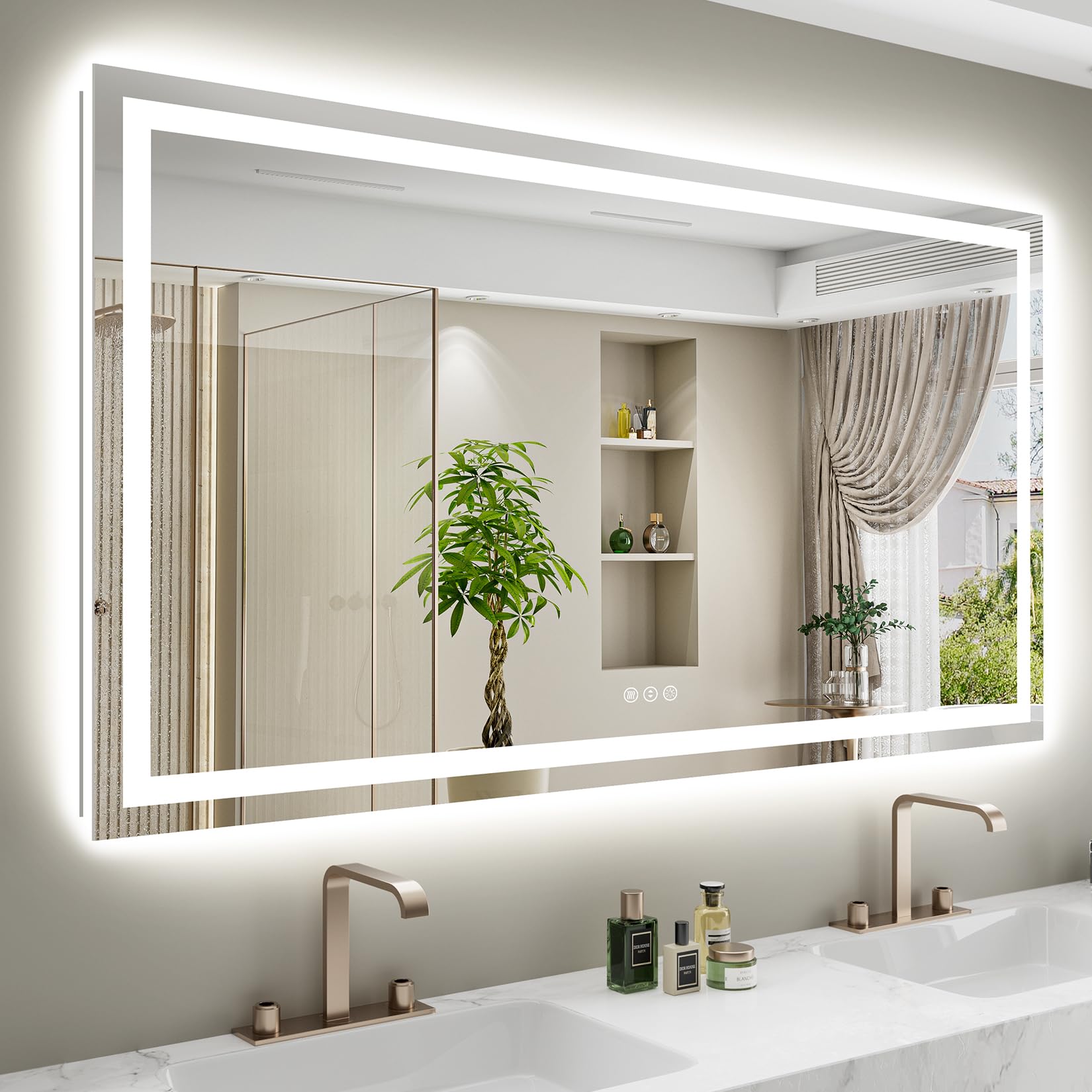 60x38 inch led bathroom mirror with lights front and backlit lighted vanity mirror for bathroom wall with 3 colors dimmable anti-fog memory shatter-proof ip54 waterproof horizontal/vertical