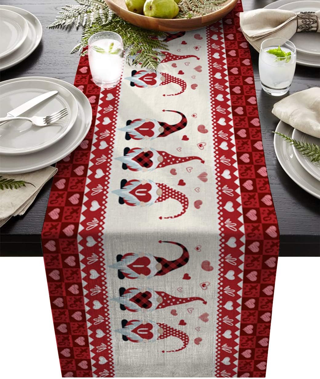 T&H XHome Dining Table Runner Dresser Scarf Linen Burlap Fabric,Happy Valentine's Day Red Gnome Love Decor Washable Table Runners 120 Inches Long for Farmhouse Home Kitchen Wedding Party Decor