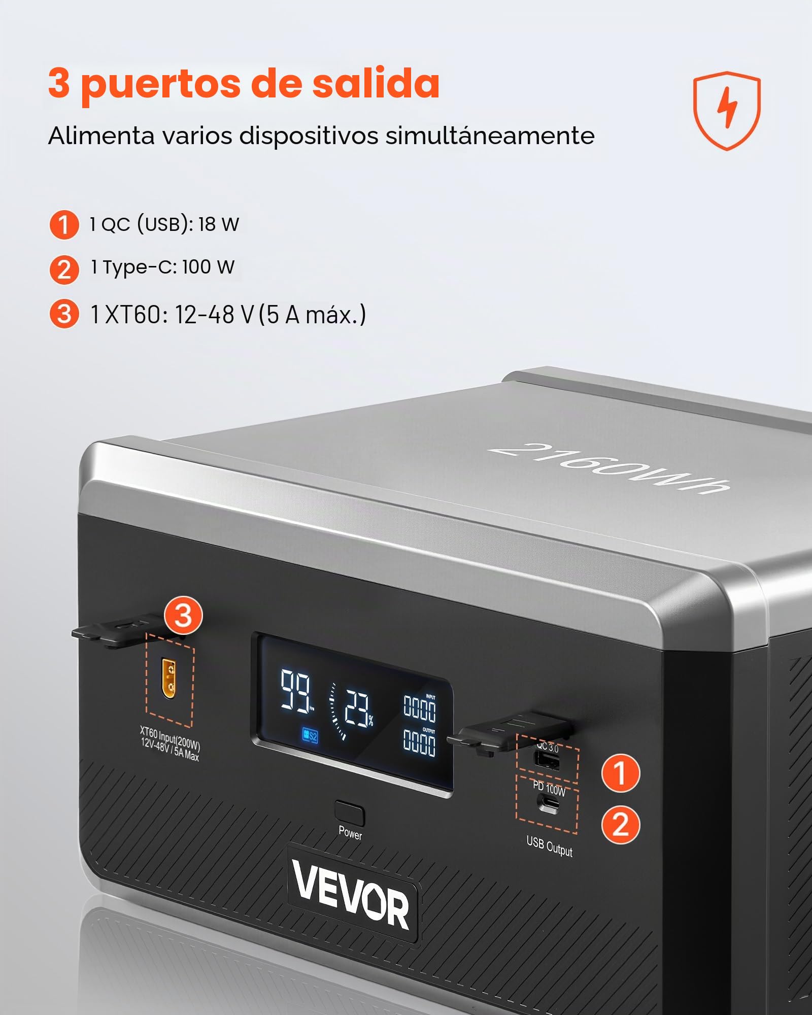 VEVOR Batería Portátil de Expansión Adicional LiFePO4 de 2160 Wh, con 3 Puertos de Salida para Uso Doméstico, Camping, Viajes, Autocaravanas y Emergencias, 387 x 270 x 196 mm, Color Negro y Gris